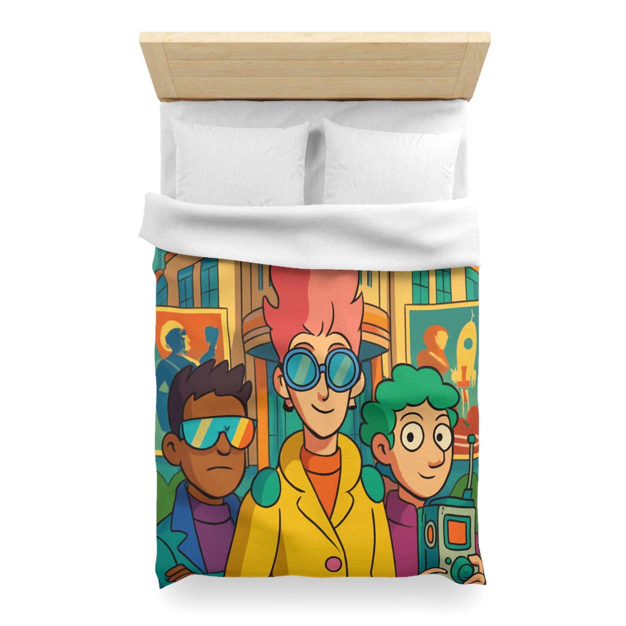 Housse de couette rétro futuriste colorée avec personnages et architecture urbaine stylisée