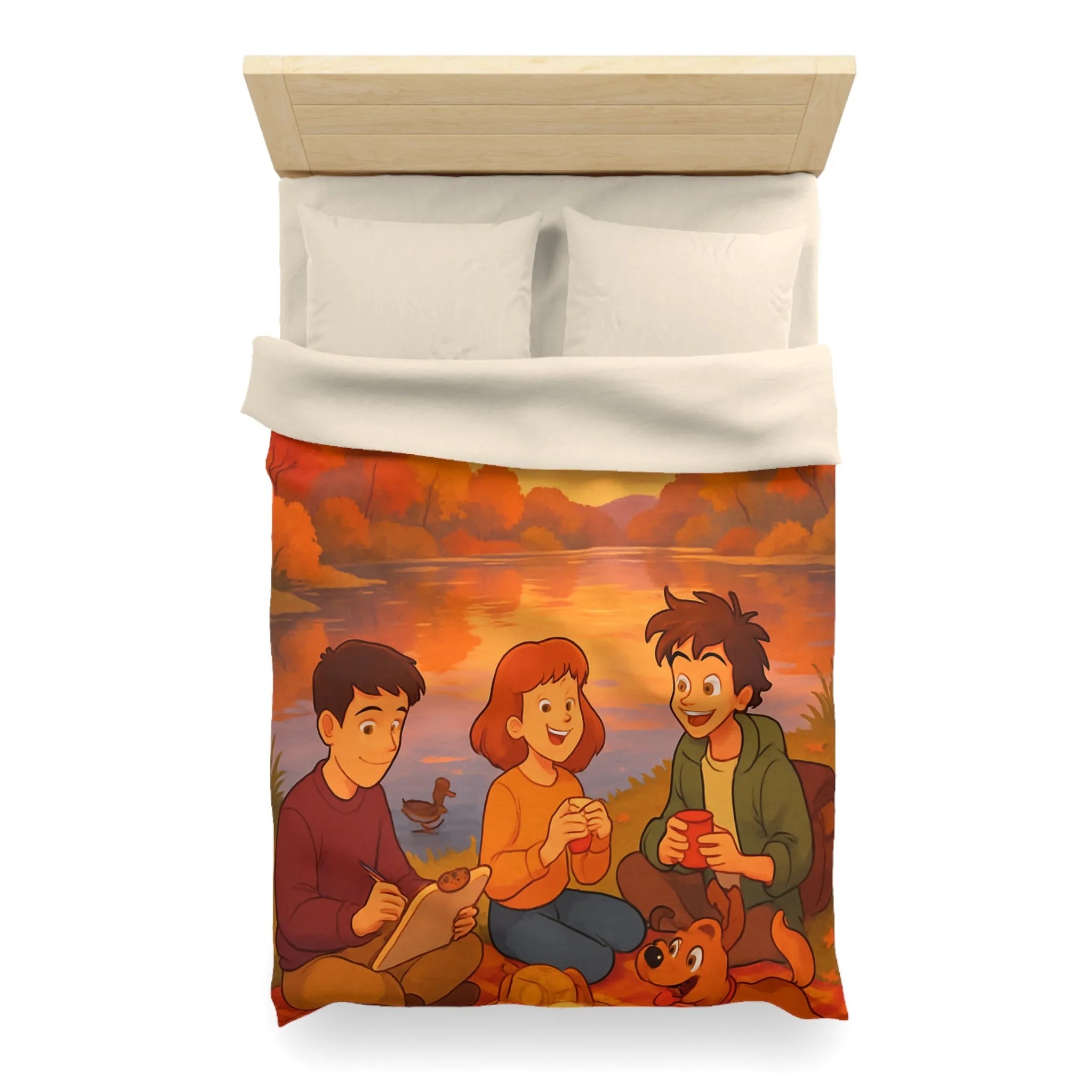 Housse de couette illustrée avec scène automnale de pique-nique au bord d'un lac
