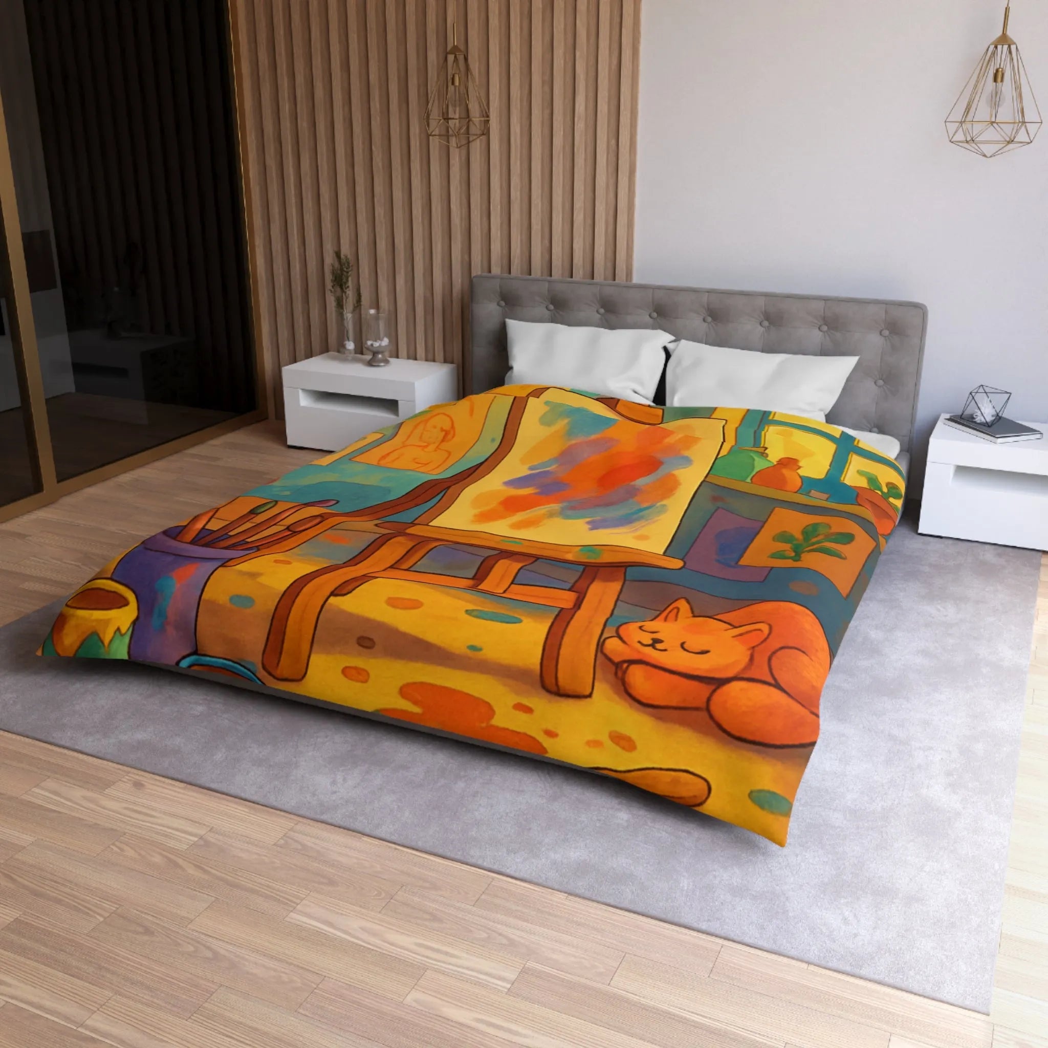 Housse de couette artistique colorée avec chevalet et chat pour une chambre cosy
