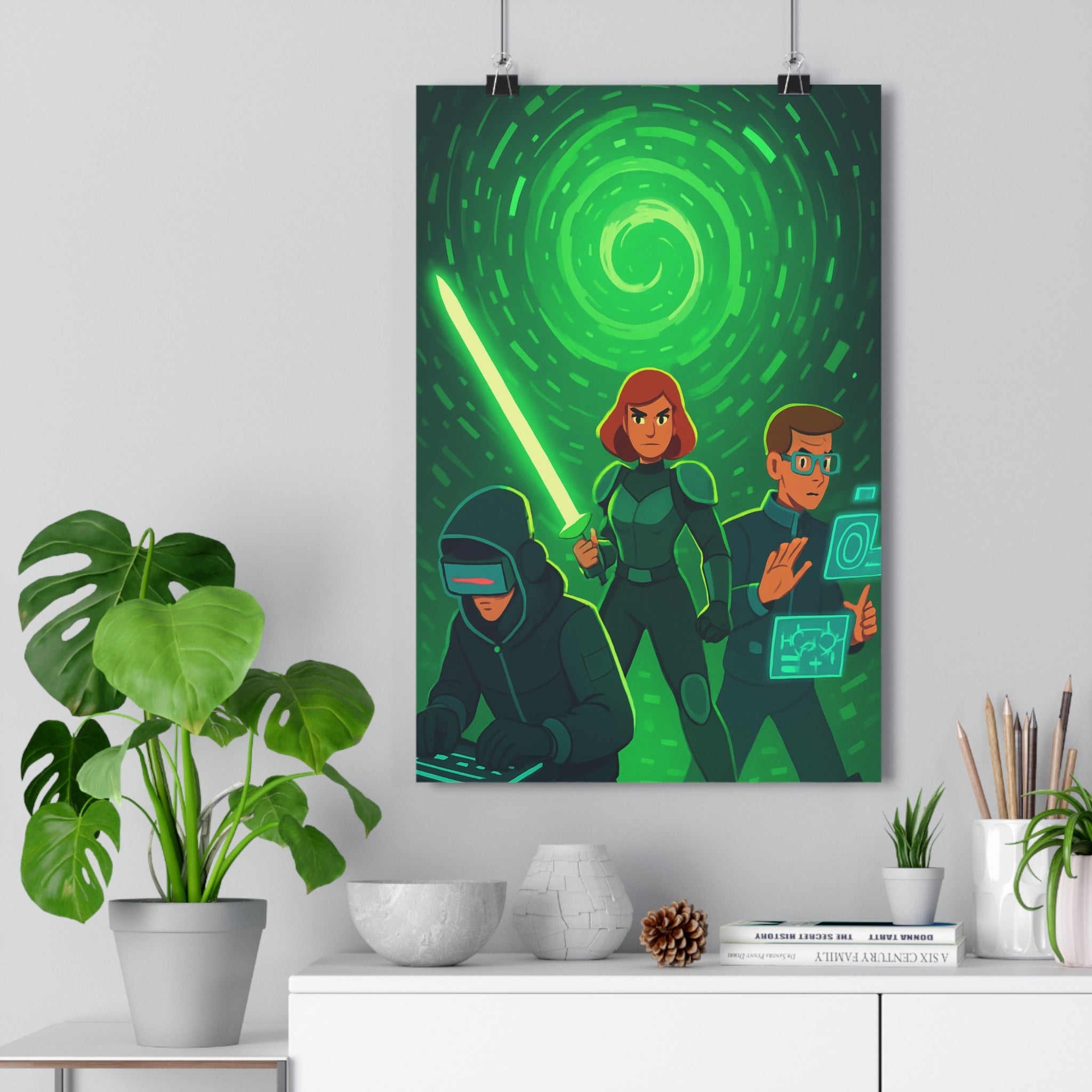 Poster décoratif futuriste anime vert lumineux chambre moderne captivant guerrier holographique virtuel épée ambiance