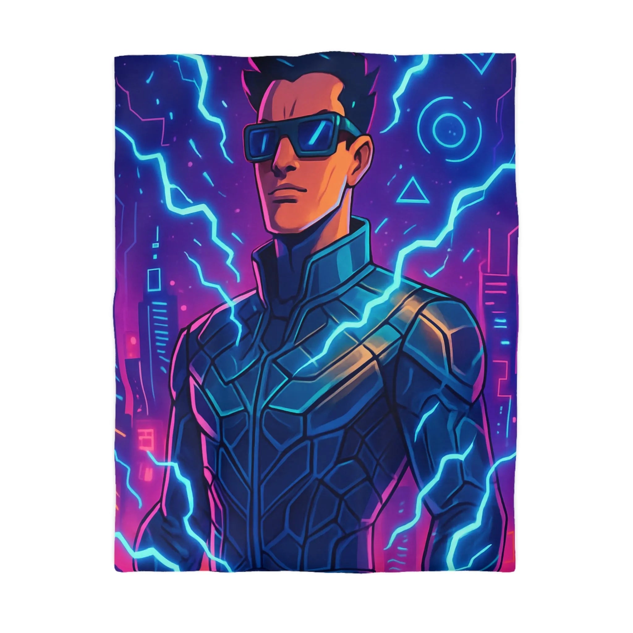 Housse de Couette Futuriste Cyberpunk avec Éclairs Électriques et Design Néon Énergétique