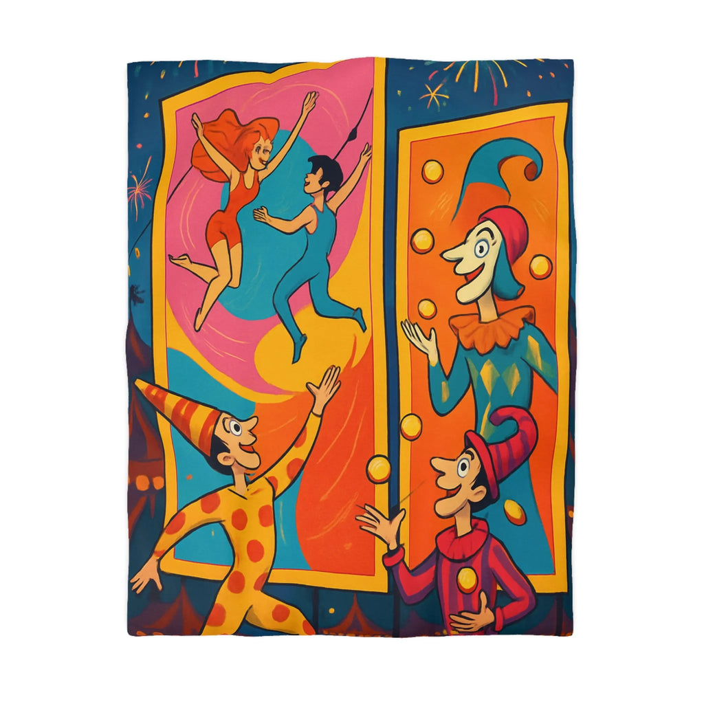 Housse de couette colorée avec jongleurs et acrobates, ambiance festive et joyeuse