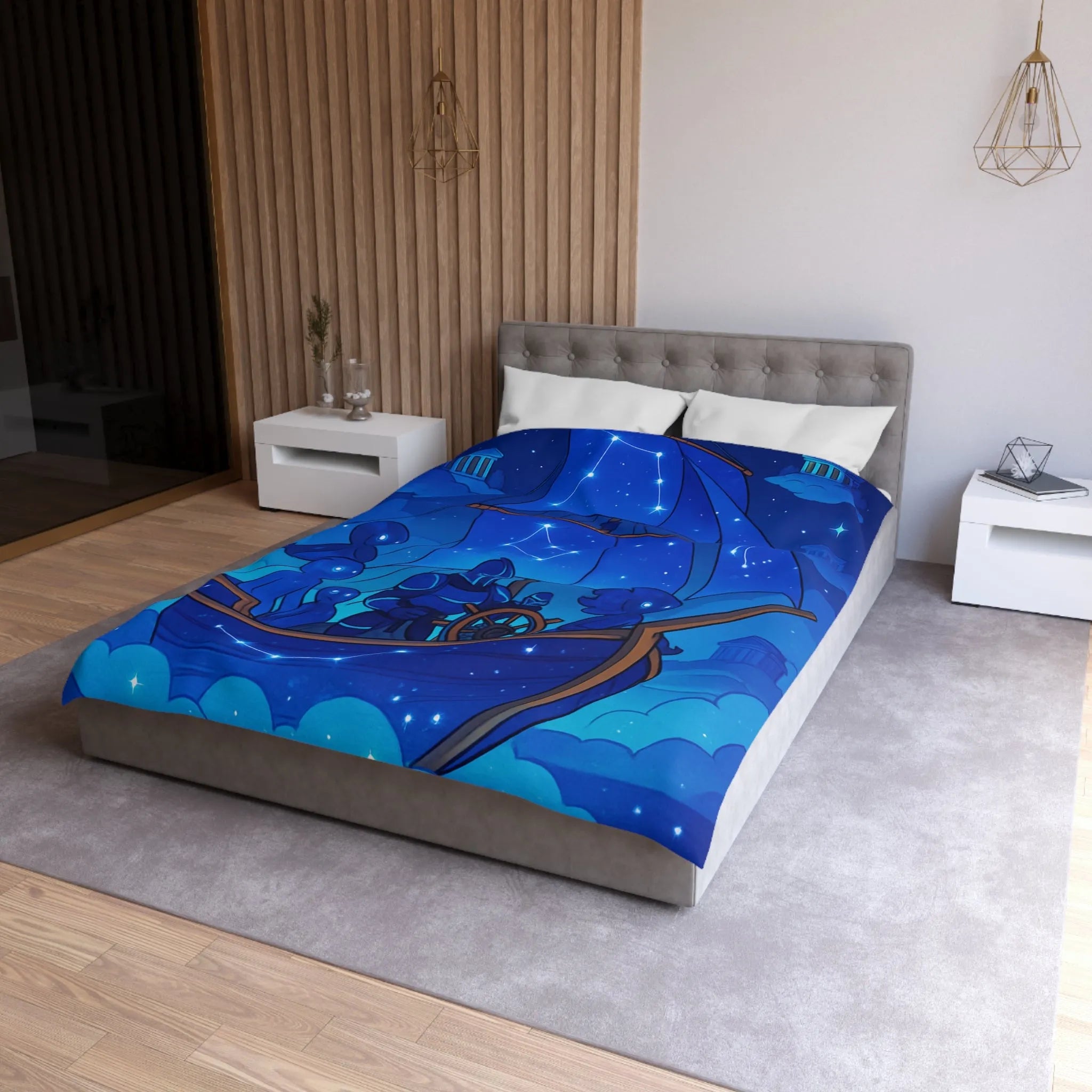 Housse de Couette Inspirée Ciel Étoilé avec Bateau et Constellations Bleu Nuit