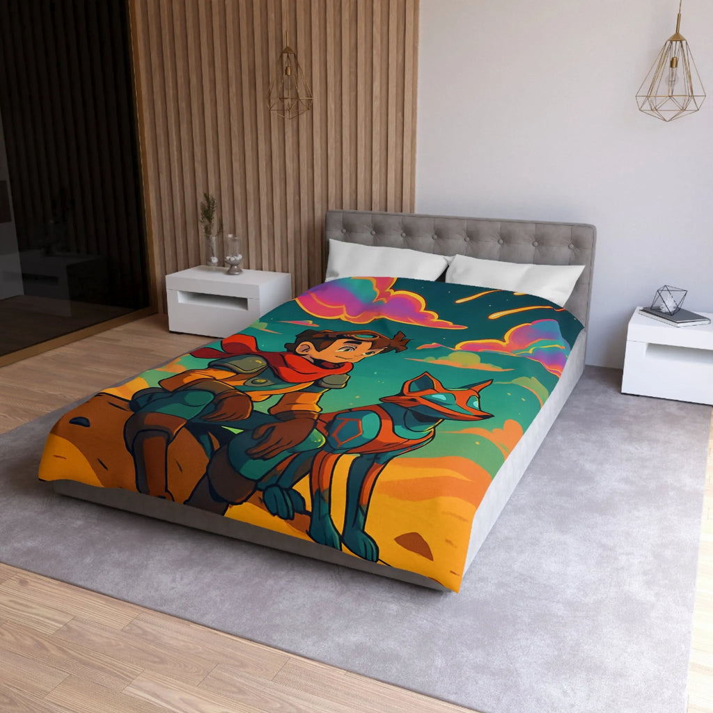 Housse de couette avec illustration colorée de personnage animé et chien robot sous ciel étoilé