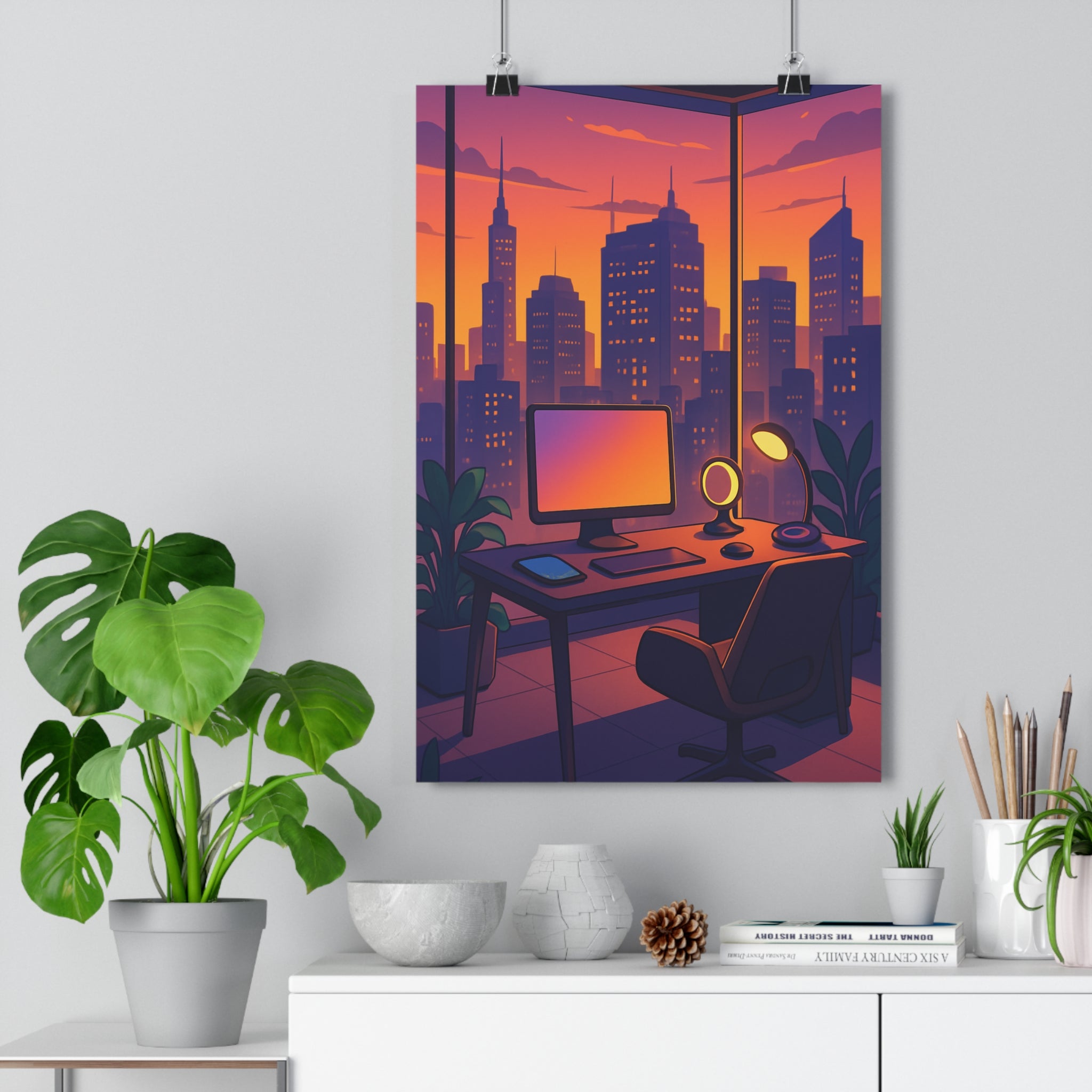 Poster décoratif moderne style anime violet orange bureau urbain futuriste ambiance apaisante intérieur élégant