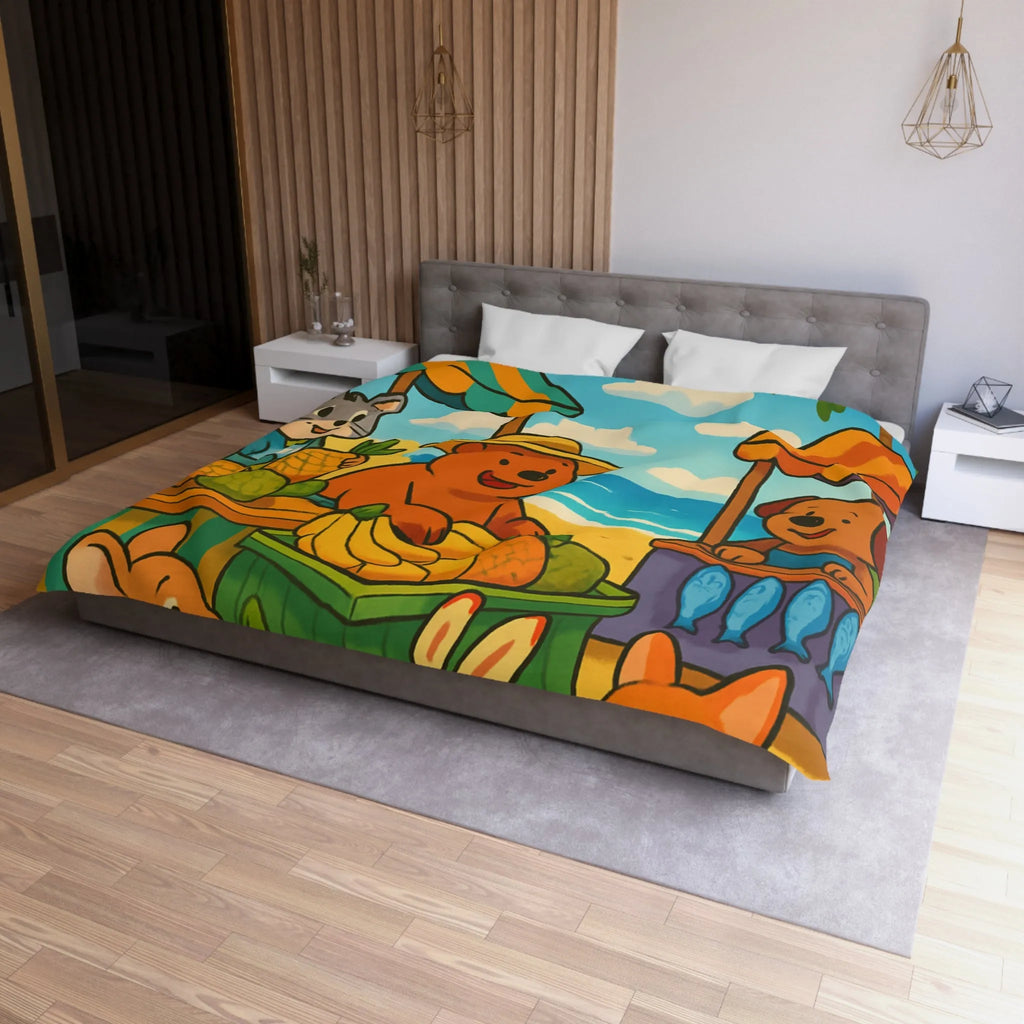 Housse de couette enfant avec animaux mignons sur plage et étals de fruits