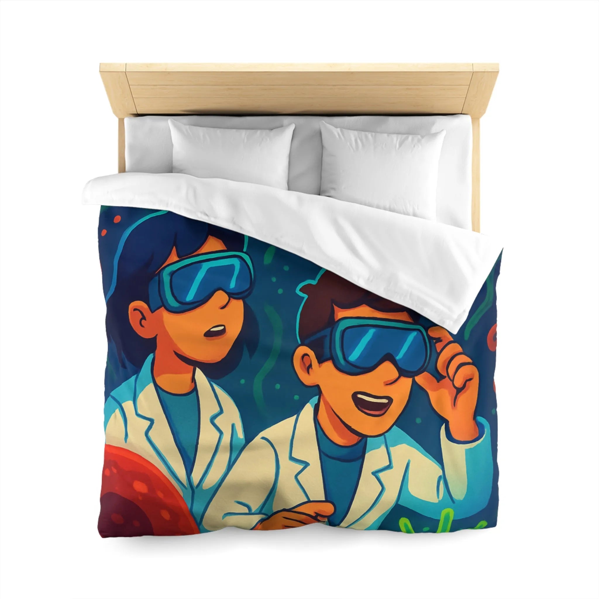 Drap housse scientifique ludique avec chercheurs et microbes éclatants en couleurs vibrantes et vives