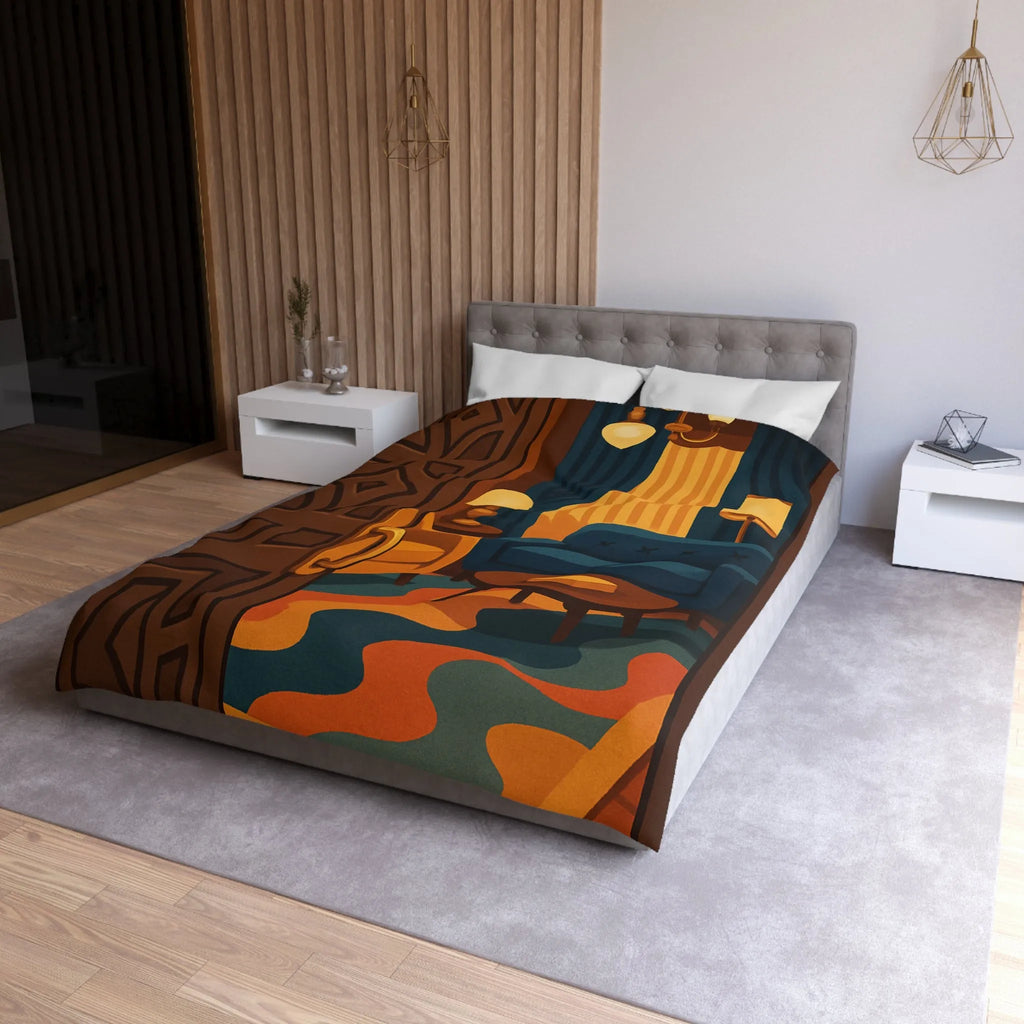 Élégante chambre rétro avec fauteuils modernes et rideaux en velours bleu nuit