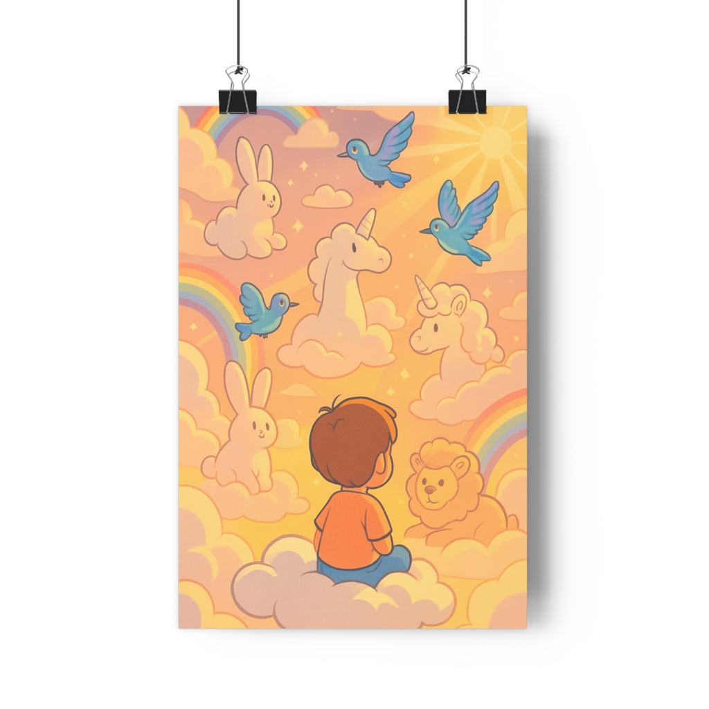 Poster décoratif enfant cartoon rose jaune joyeux chambre créature rêve arcenciel soleil qualité premium