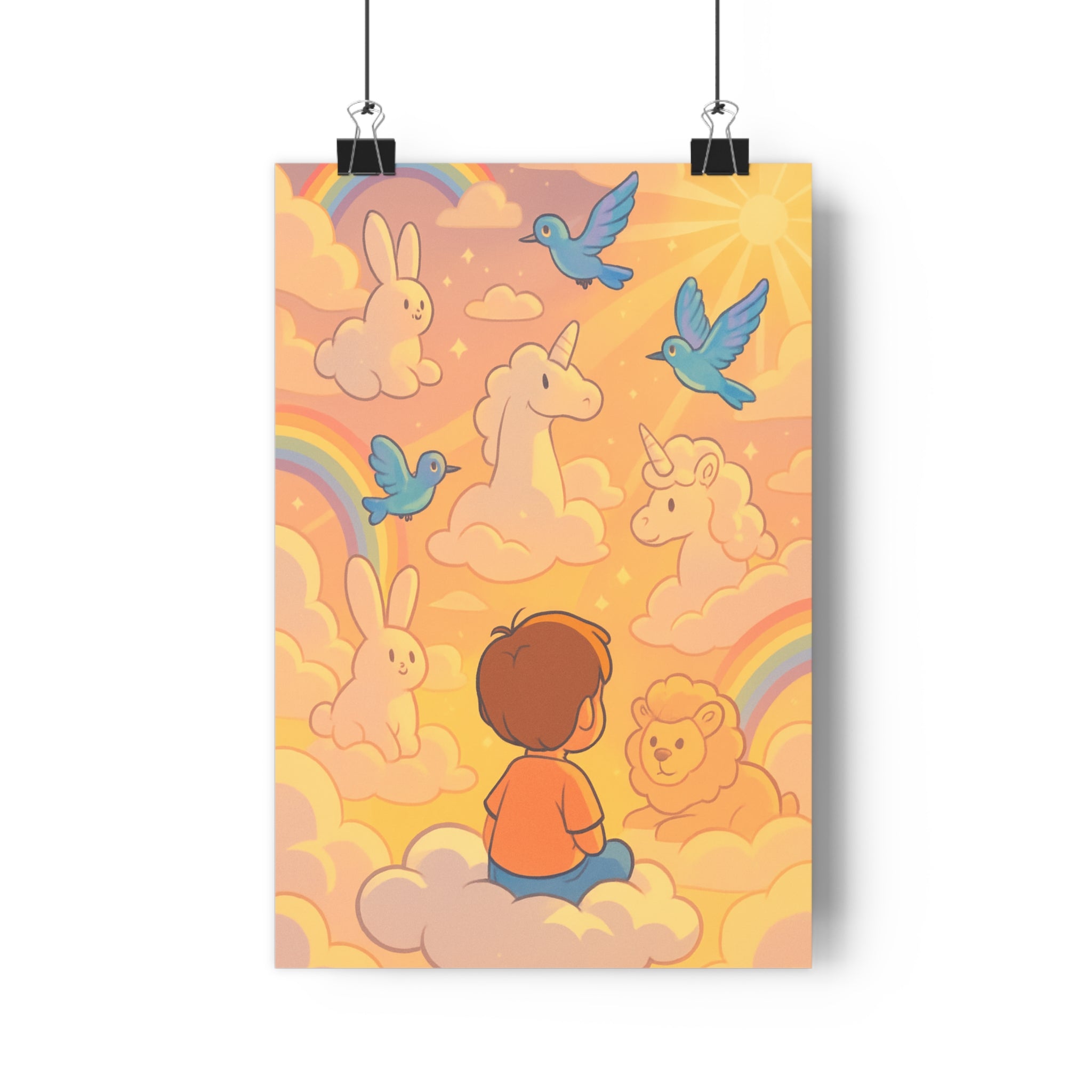 Poster décoratif enfant cartoon rose jaune joyeux chambre créature rêve arcenciel soleil qualité premium