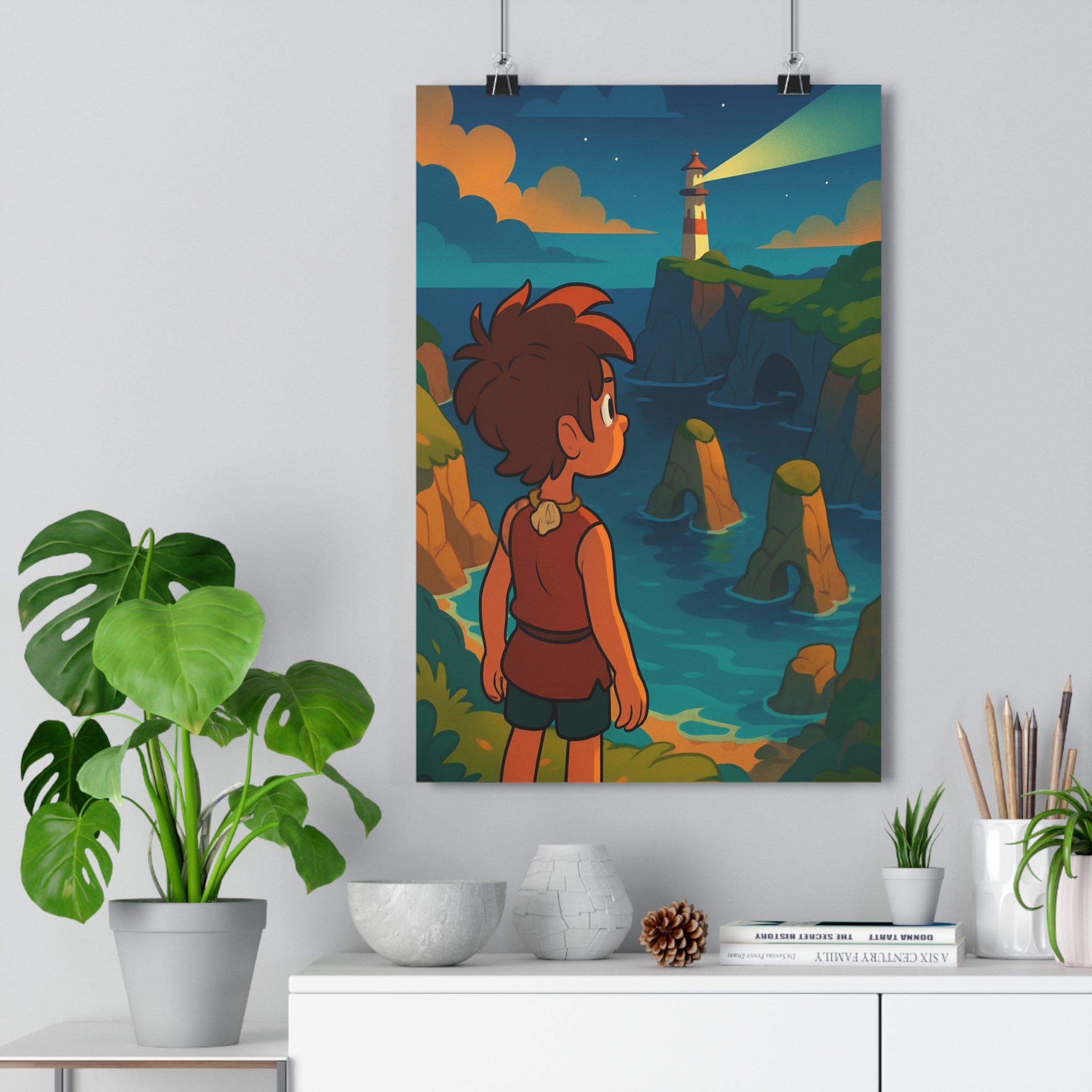 Poster décoratif dessin animé bleu vert orange mystique aventure côtes paysage mural chambre salon