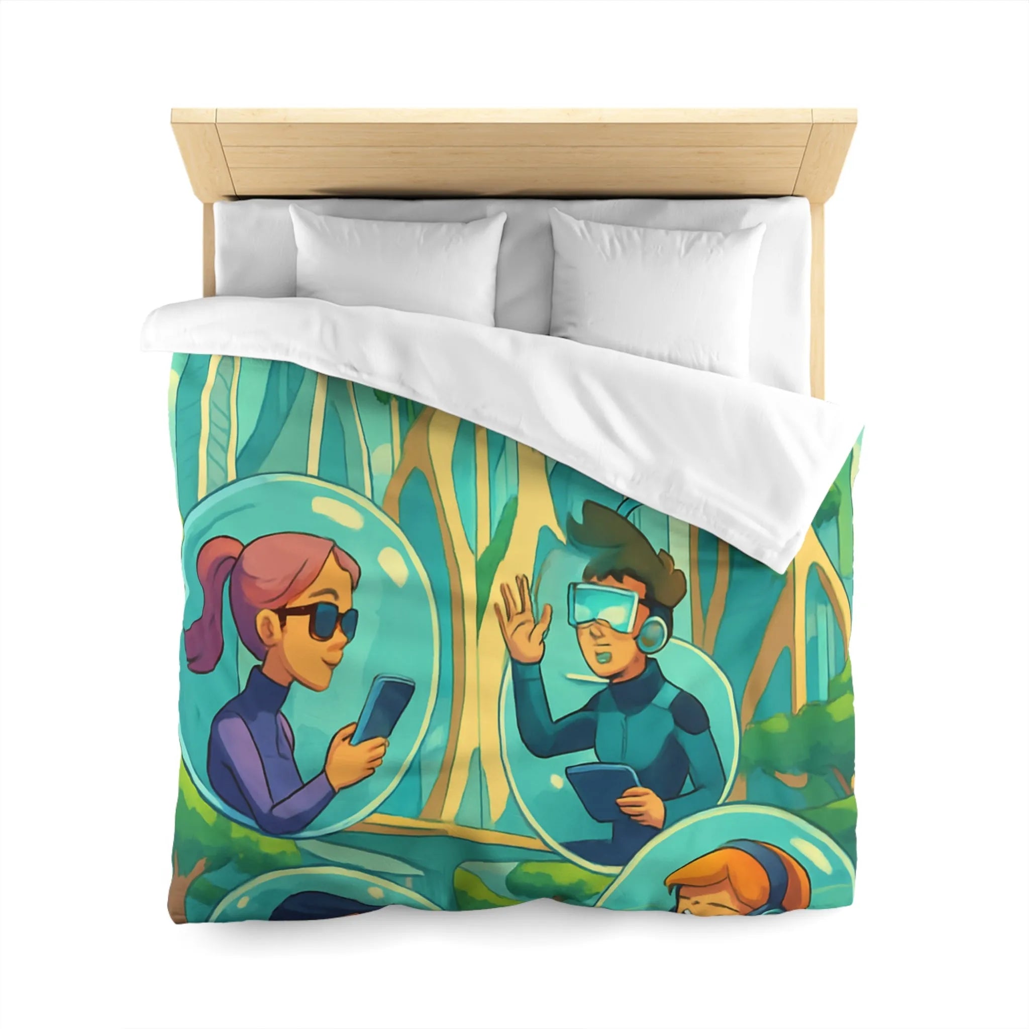 Housse de couette futuriste avec paysage urbain et personnages connectés en réalité augmentée