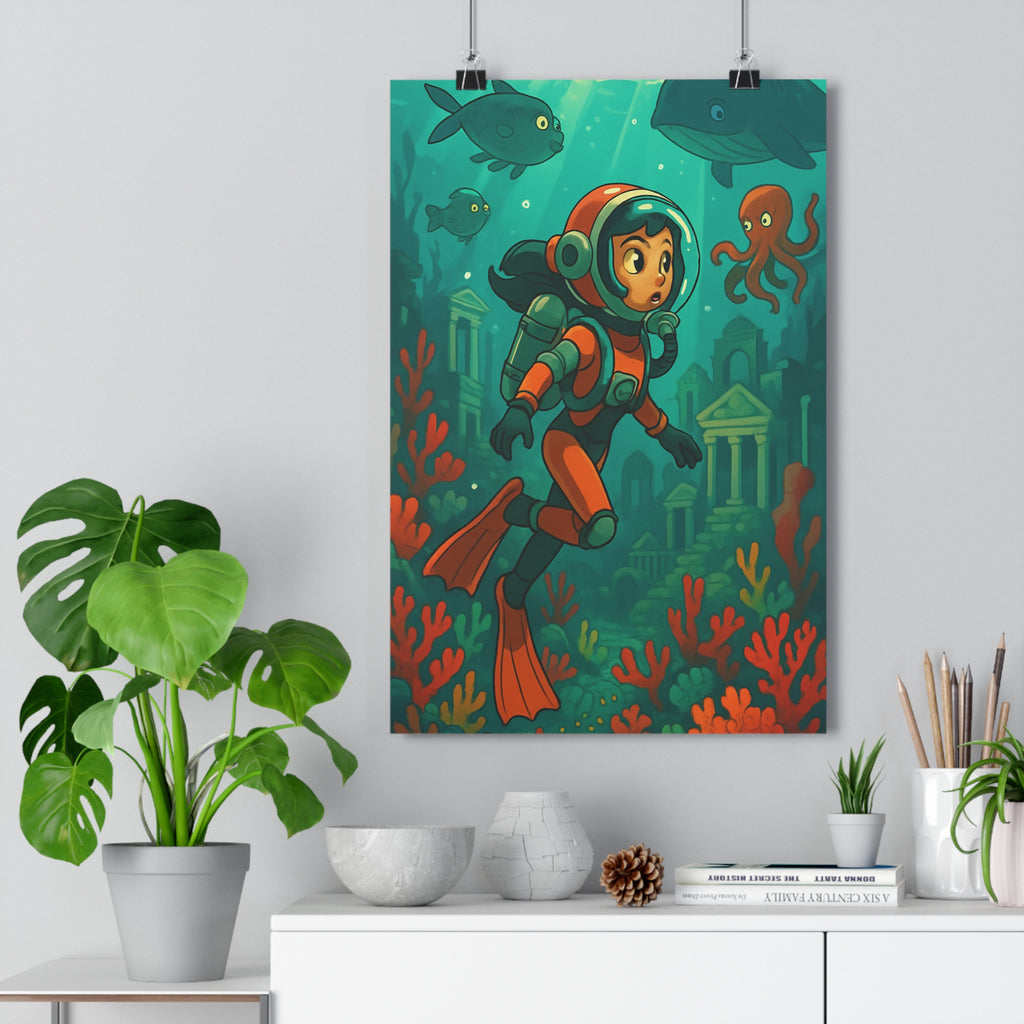 Poster décoratif anime mystique bleu vert chambre détente aventure plongeuse ruines coraux baleine pieuvre