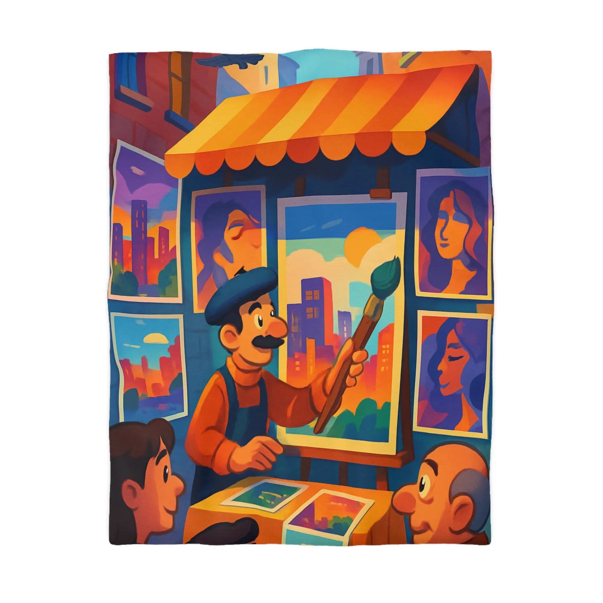 Housse de couette artistique avec scènes de rue vibrantes et peintures colorées