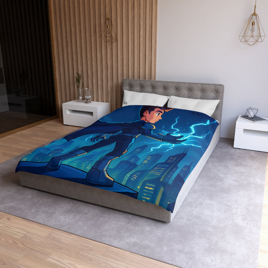 Housse de couette super-héros nocturne avec pouvoirs électriques et drones futuristes urbains