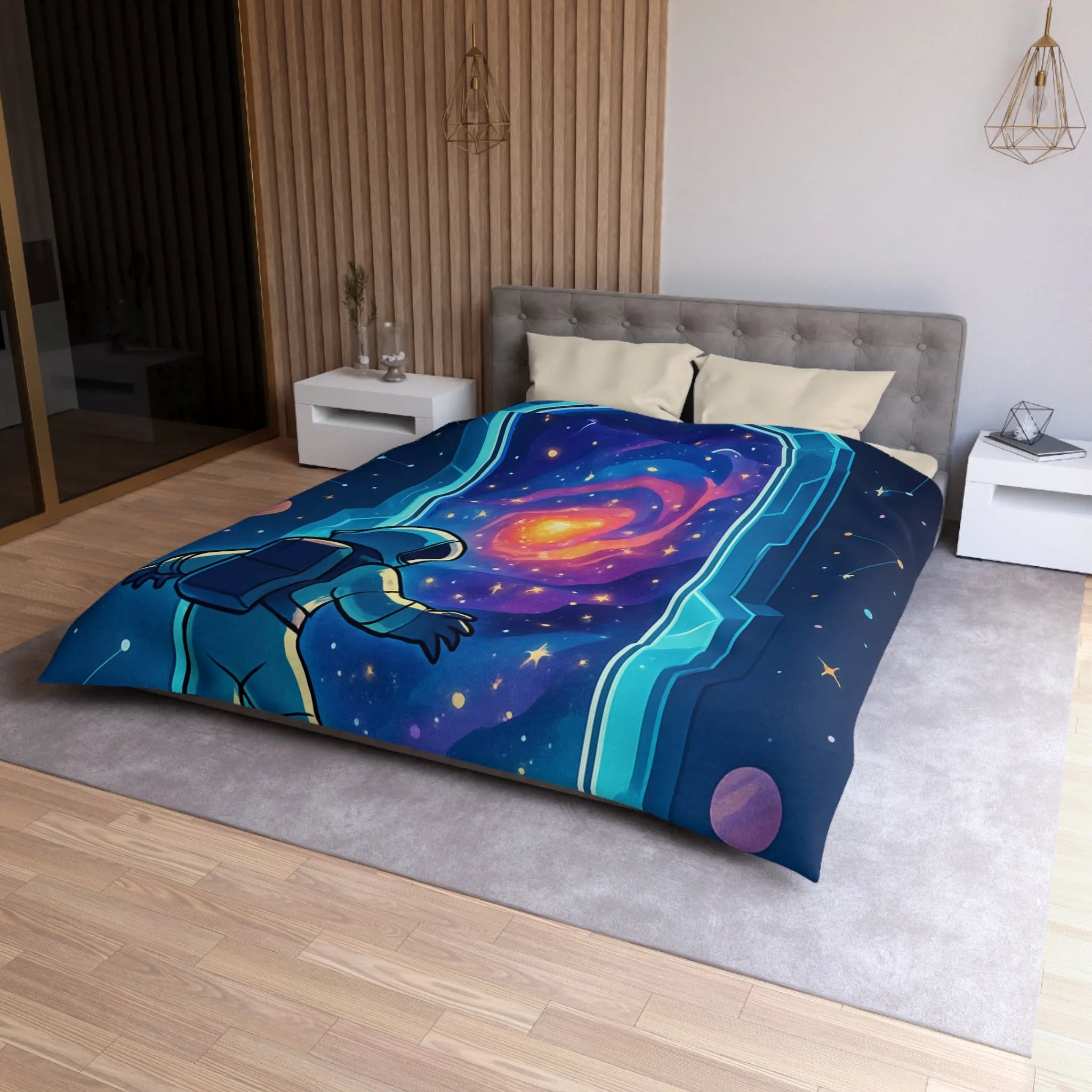 Housse de couette astronaute explorant portail galactique vibrant dans l'espace étoilé