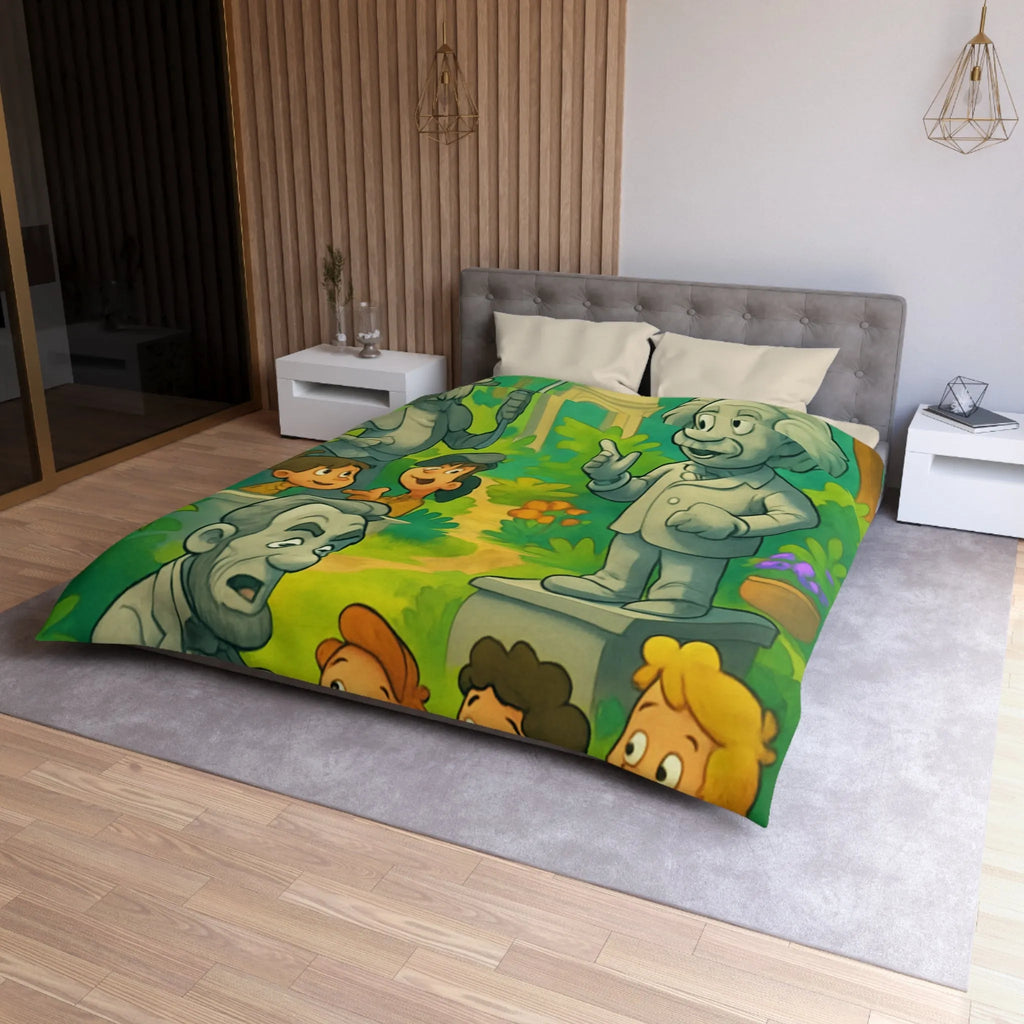 Housse de couette illustrée avec personnages historiques et enfants dans un jardin coloré