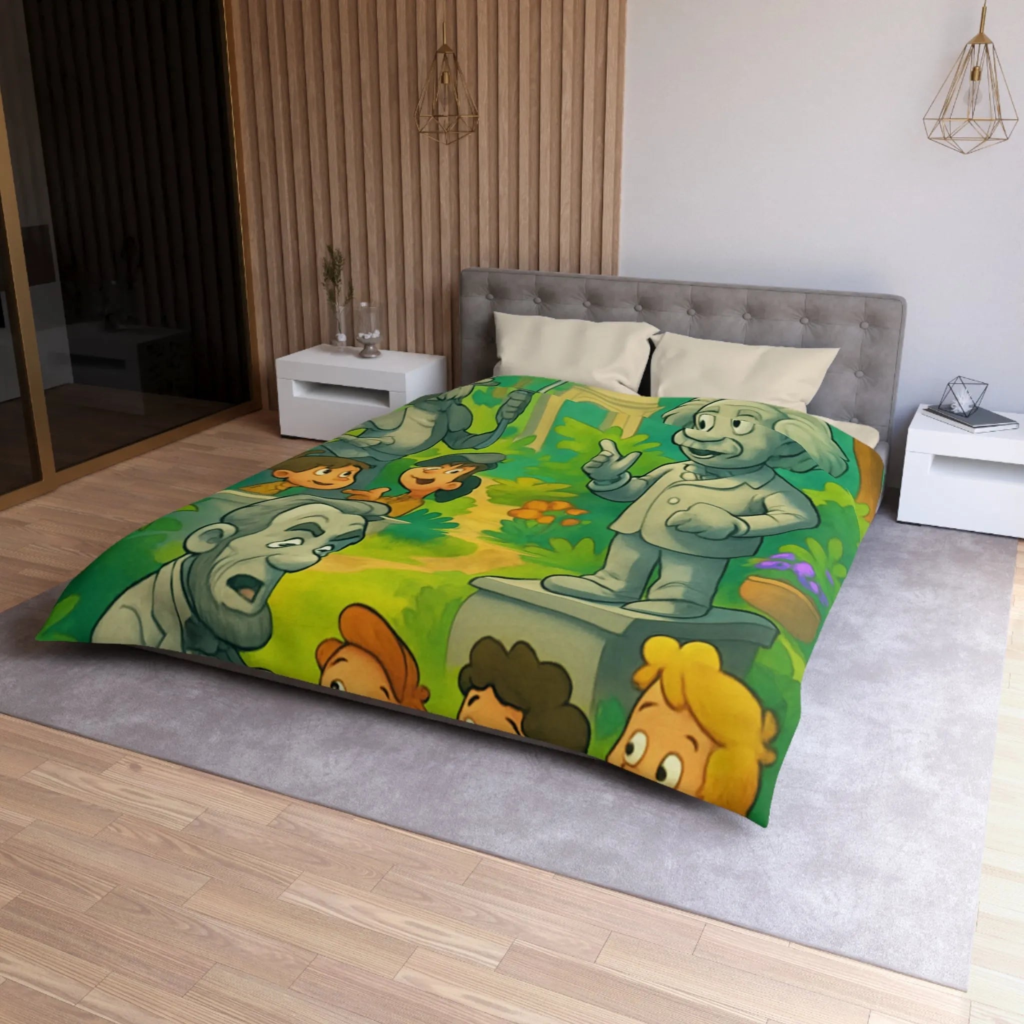 Housse de couette illustrée avec personnages historiques et enfants dans un jardin coloré