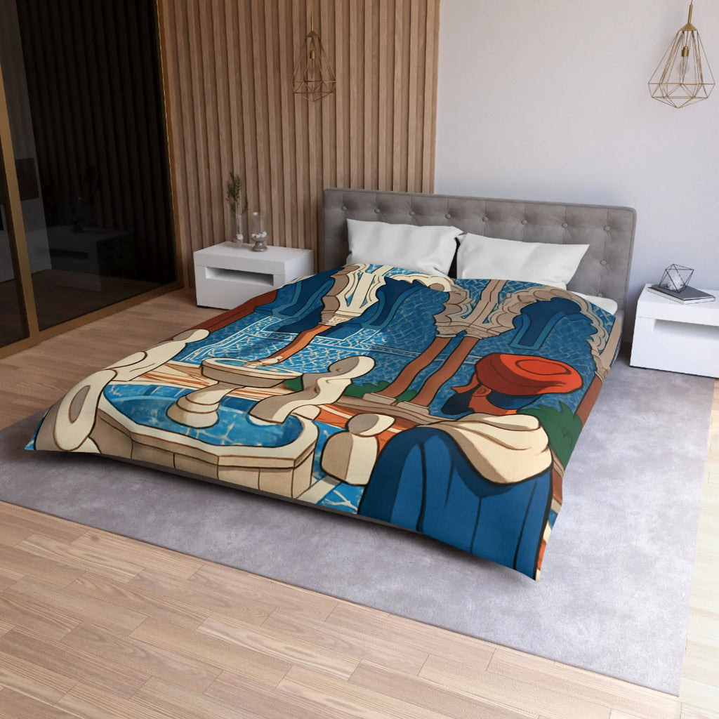 Housse de couette avec design marocain bleu, arches andalouses, fontaine et personnage paisible
