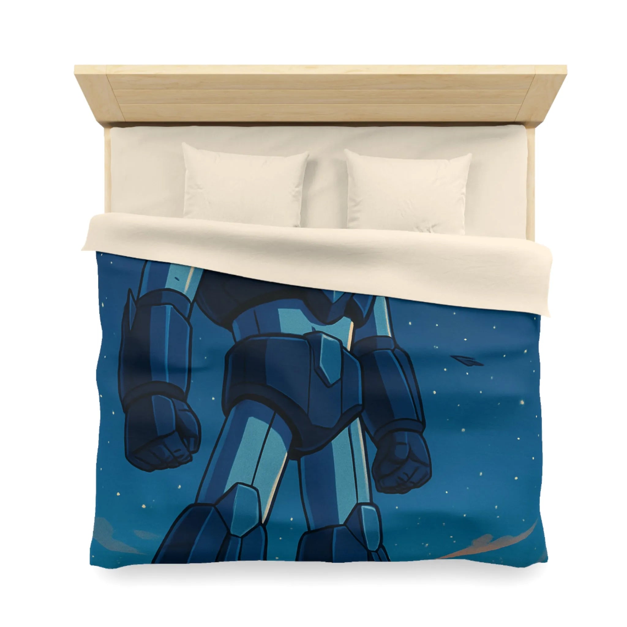 Housse de couette avec illustration rétro robot géant dans l'espace étoilé fascinant
