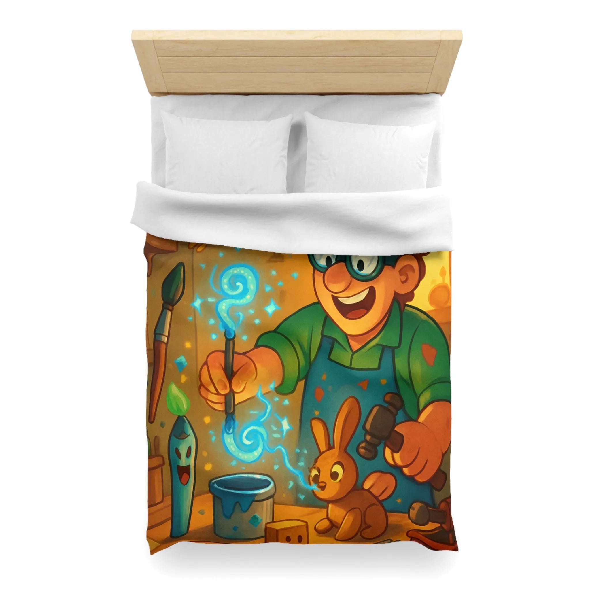 Artisan heureux sculpte figurines magiques dans atelier en bois lumineux et coloré