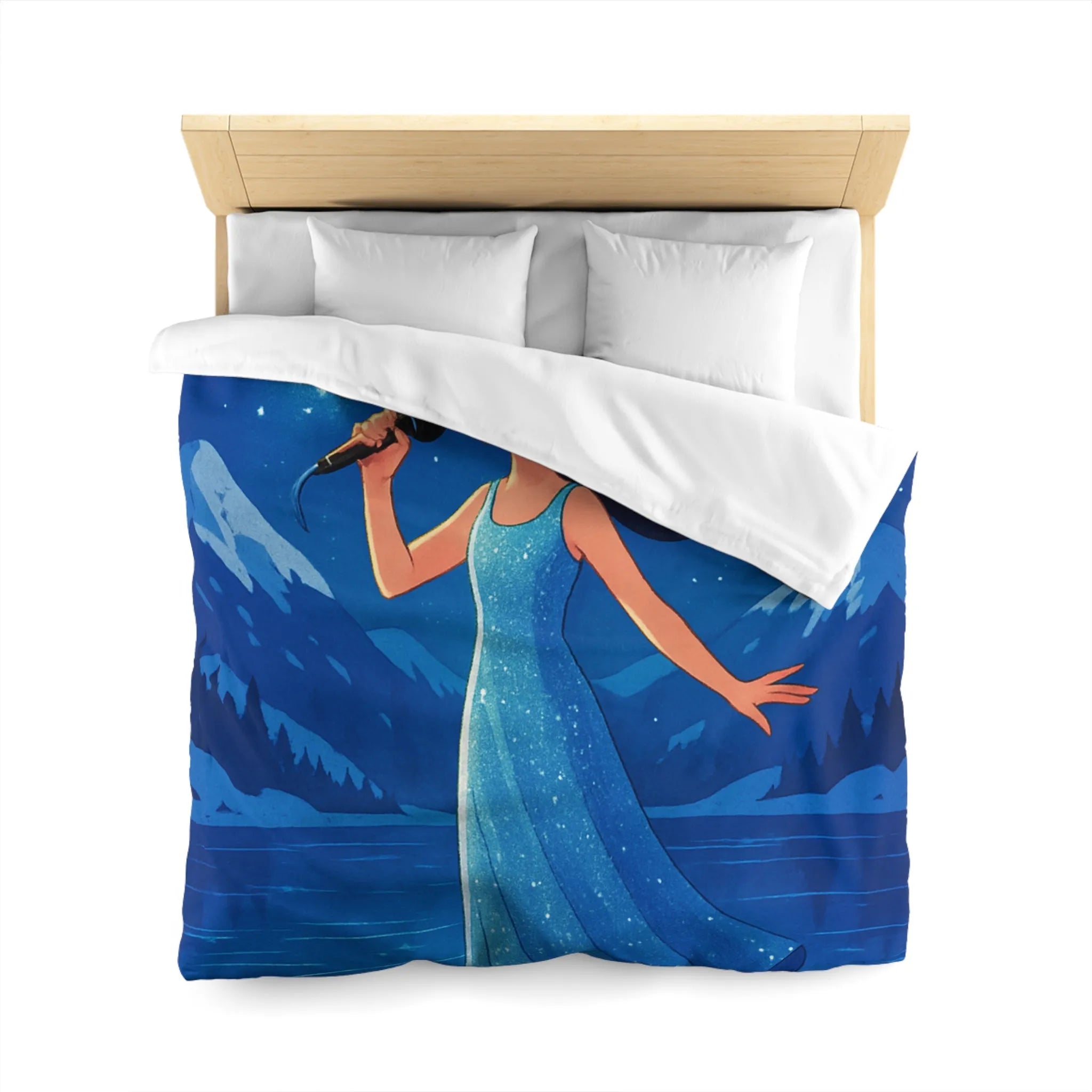 Housse de couette illustrée d'une chanteuse étoilée, robe bleu magique, montagnes enneigées