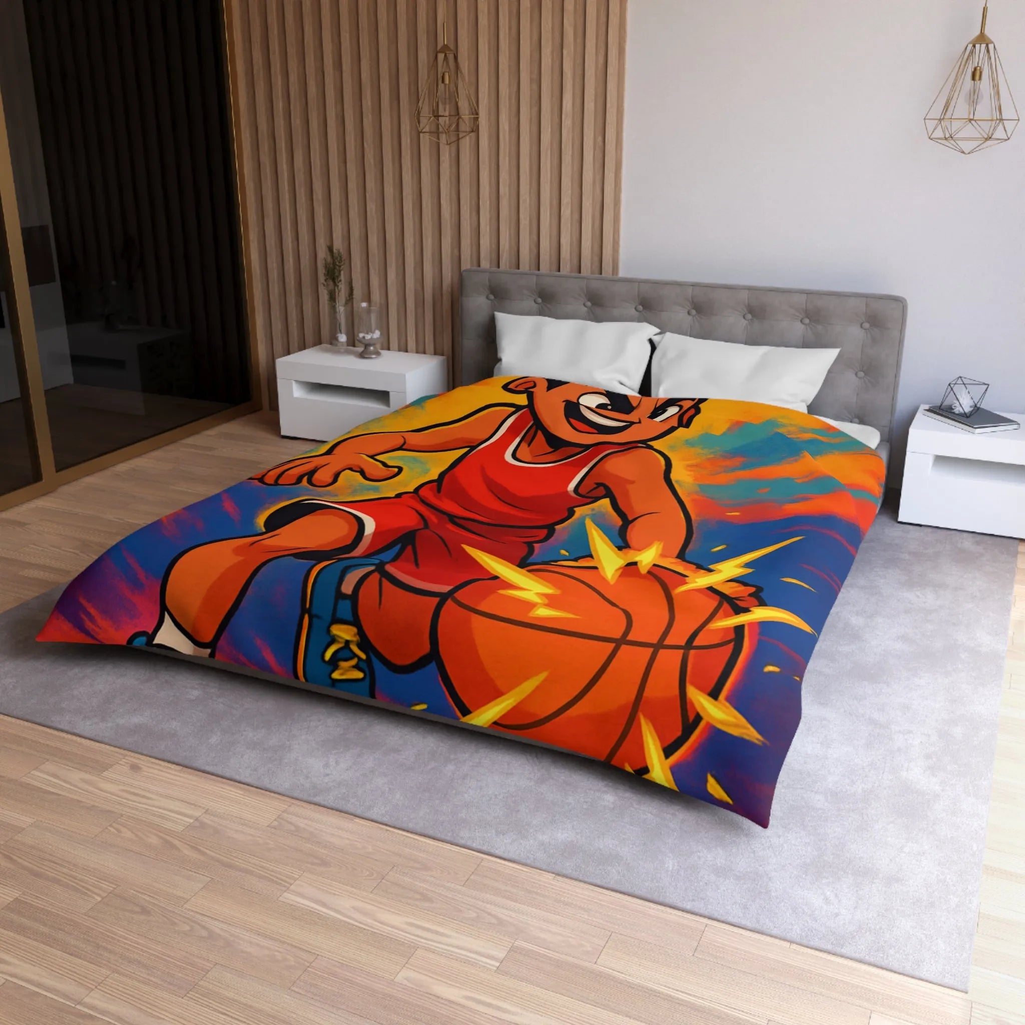 Couette Basketball Dynamique Colorée avec Enfant en Action Rétro Éclaboussures Électriques