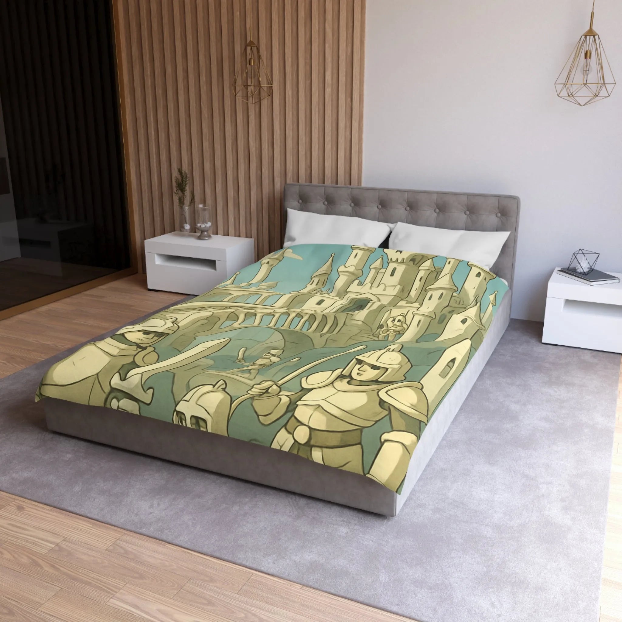 Housse de couette médiévale illustrée avec château crâne et chevaliers en armure
