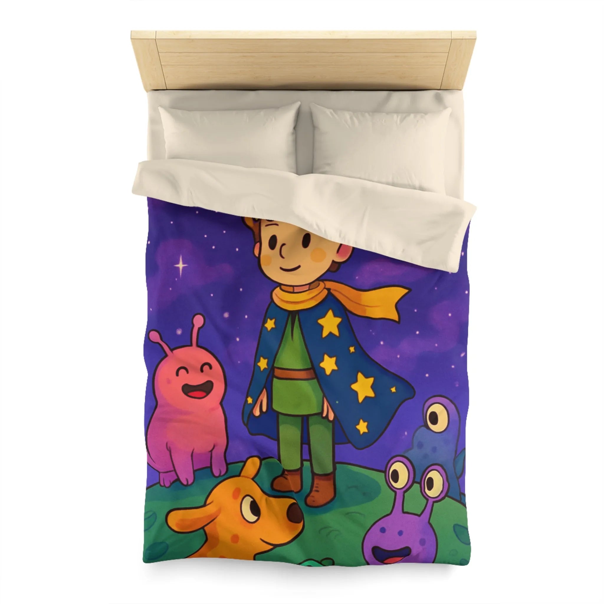 Housse de Couette Colorée Enfantine avec Enfant et Créatures sous Ciel Étoilé