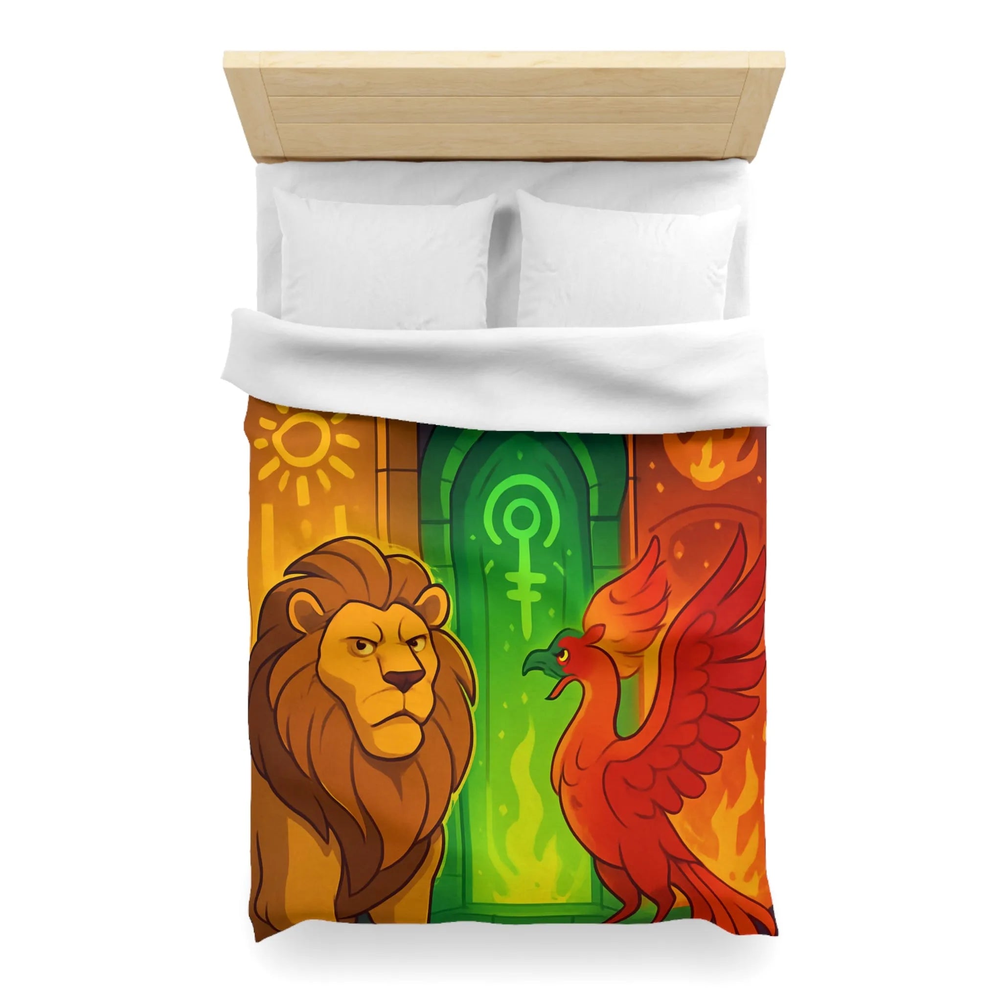 Housse de couette avec motifs lion, serpent et phénix sur fond médiéval magique
