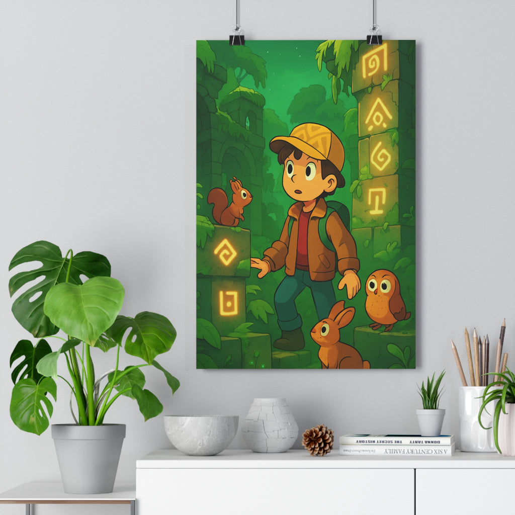 Poster décoratif aventure enfant jungle mystique animaux lumineux dessin animé chambre exploration nature vibrant