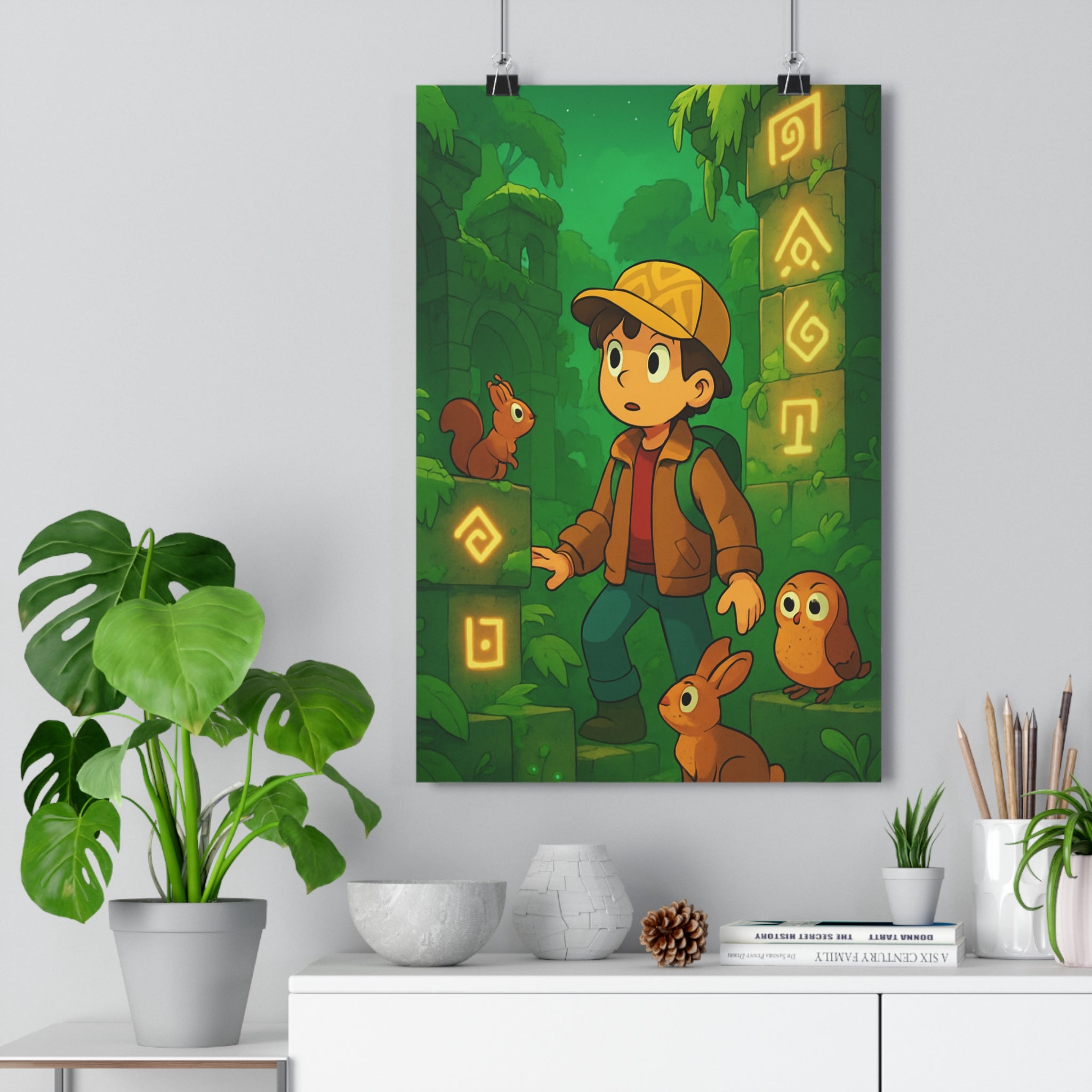 Poster décoratif aventure enfant jungle mystique animaux lumineux dessin animé chambre exploration nature vibrant