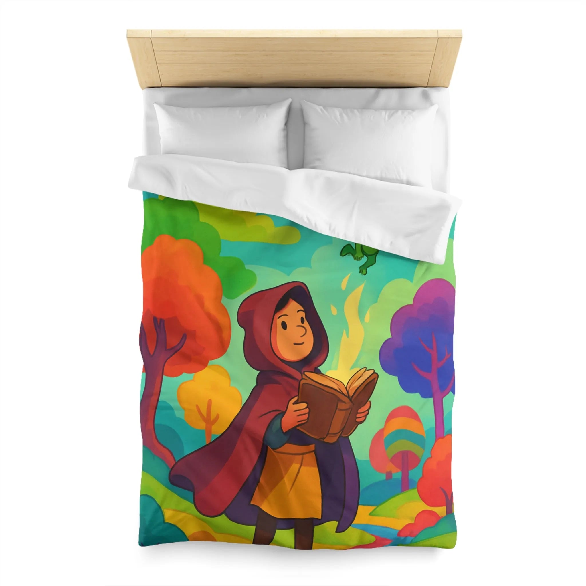 Housse de couette colorée avec scène magique de livre et créatures fantastiques