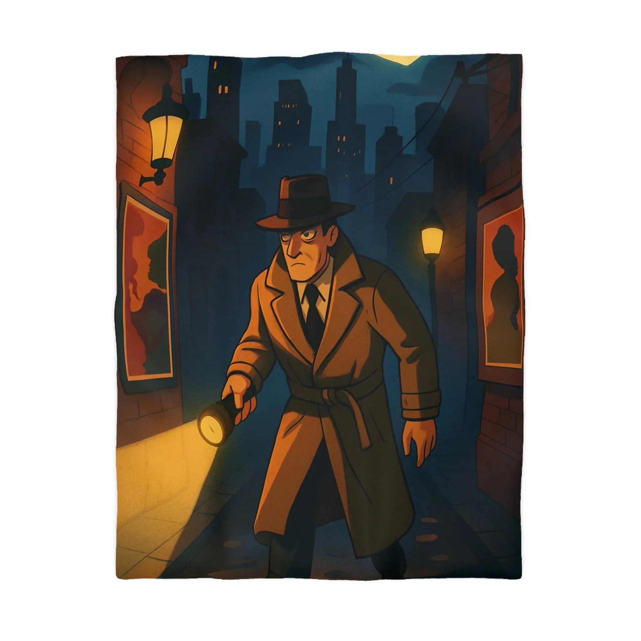 Housse de couette détective vintage explorant ruelle sombre sous pleine lune mystérieuse