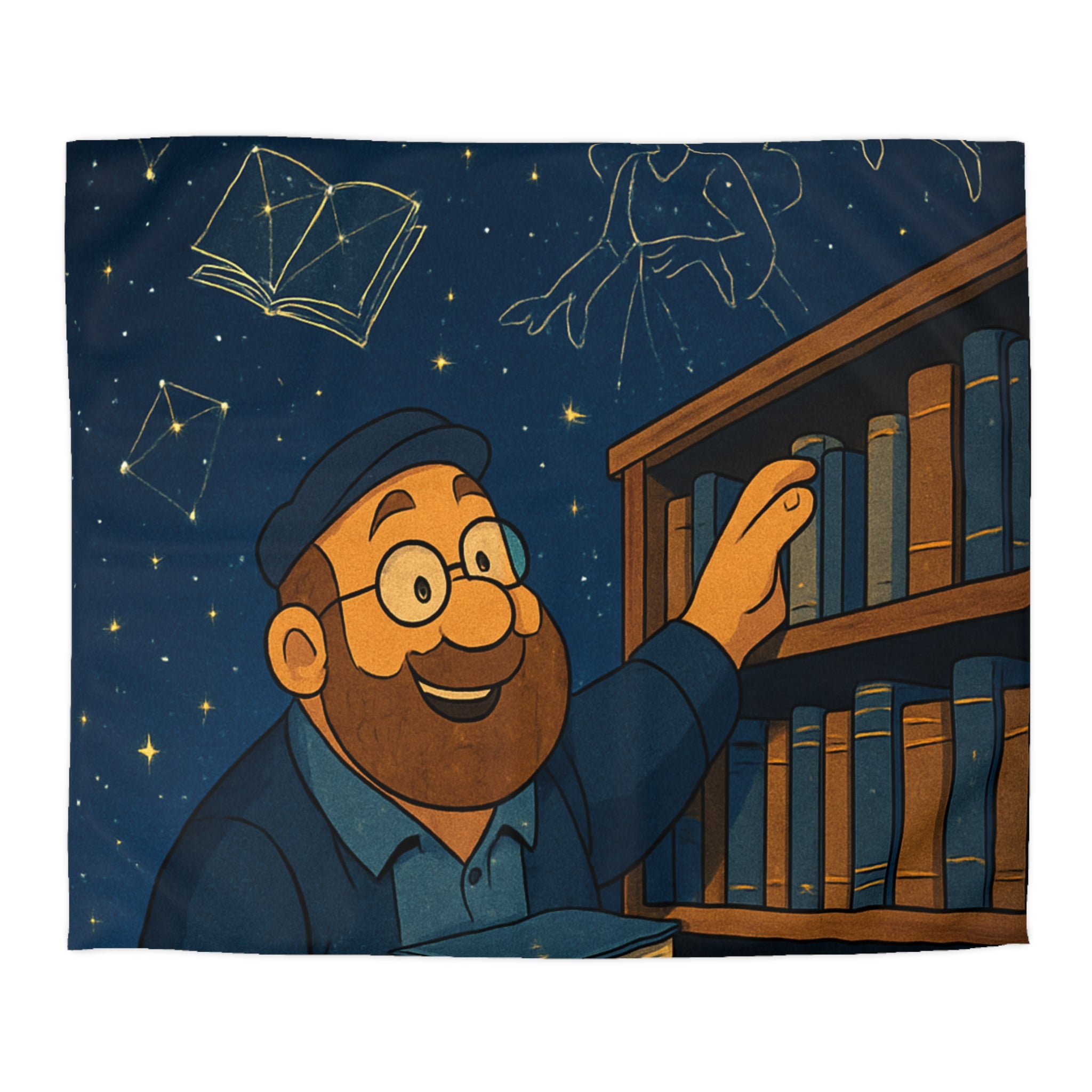 Housse de couette magique avec bibliothécaire sous ciel étoilé et livres animés