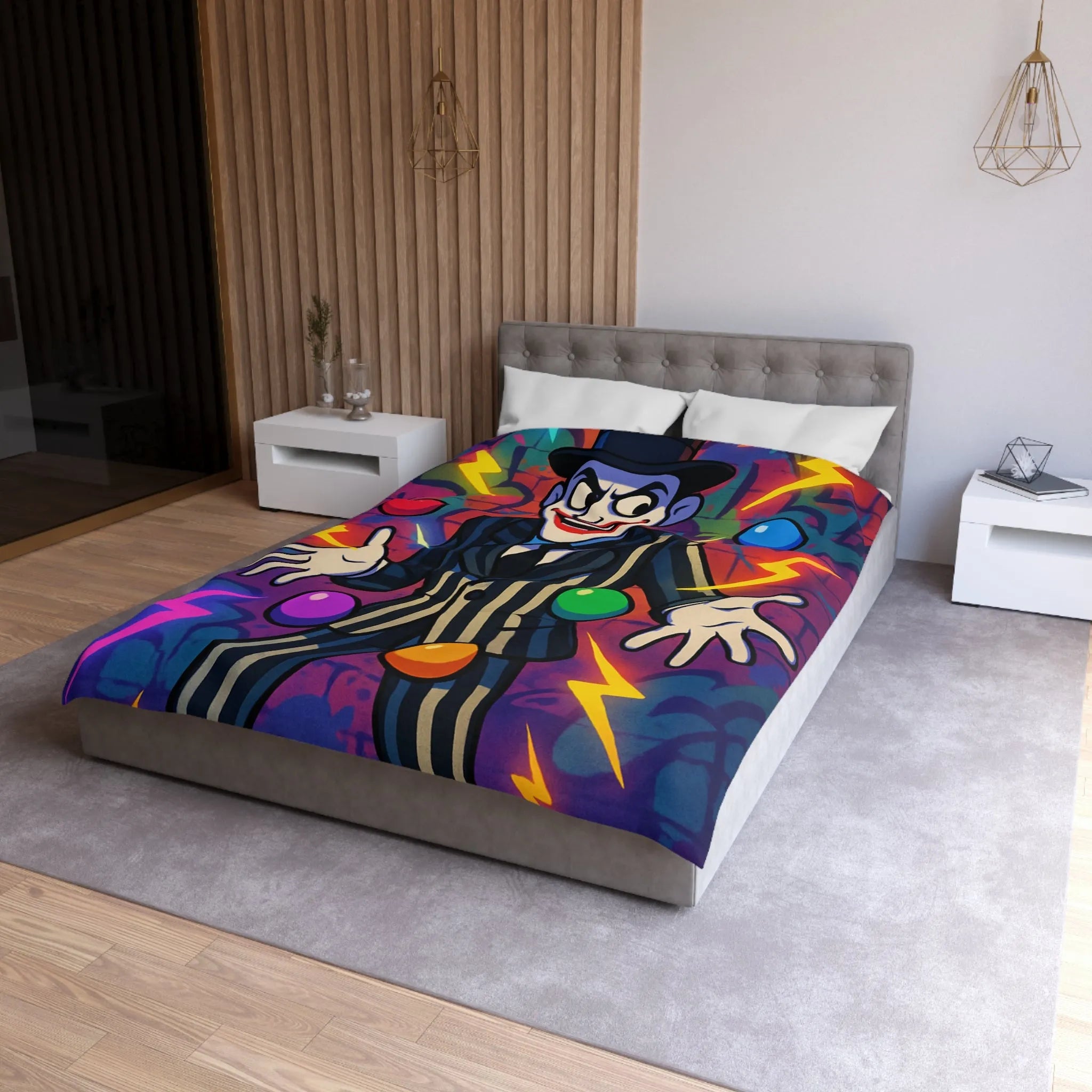 Housse de couette clown rayé jonglant avec des éclairs et des formes colorées