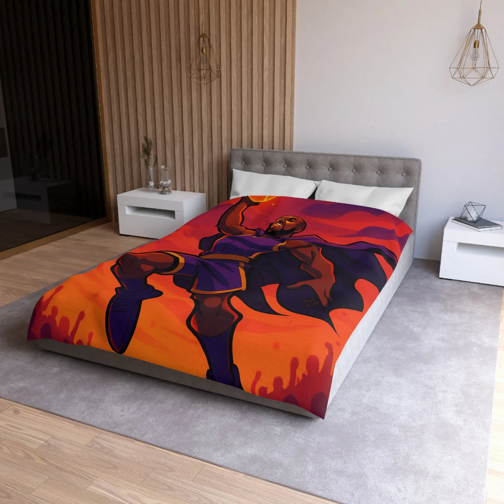 Housse de couette homme volant avec cape et ballon lumineux sur fond orange