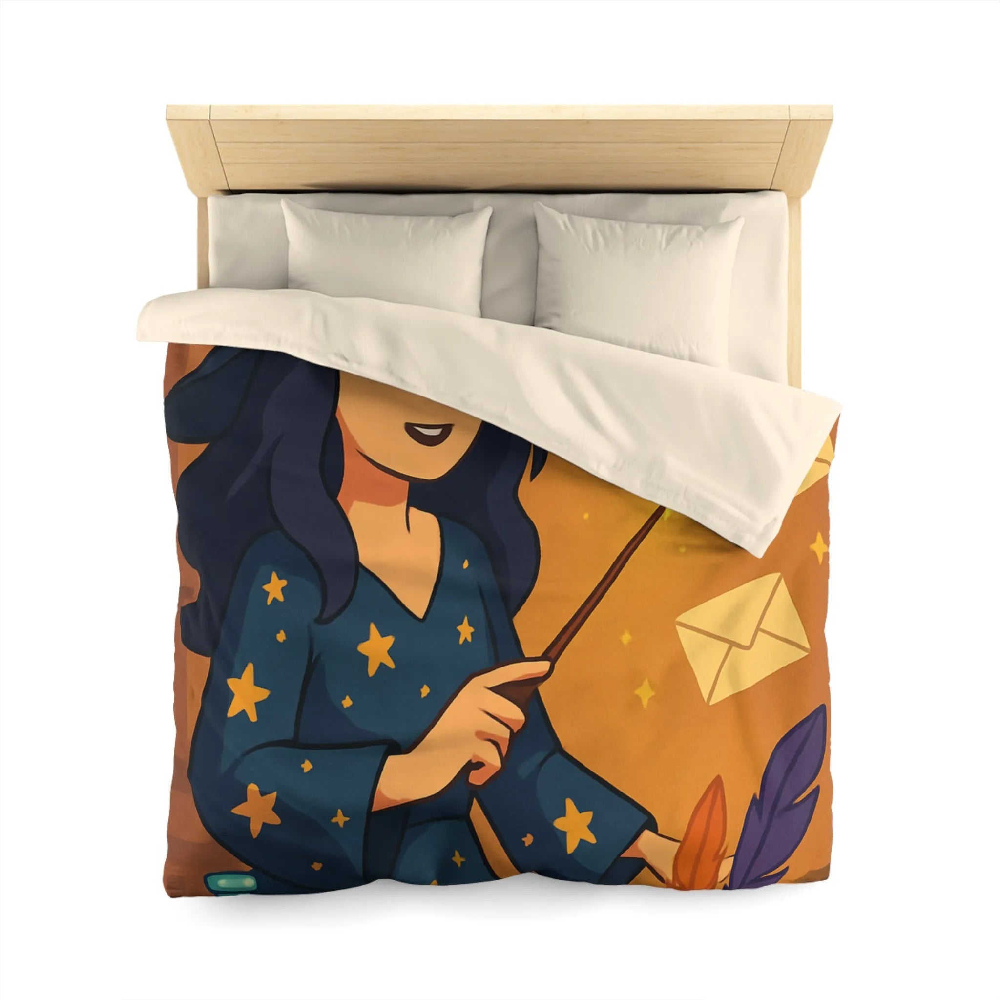 Housse de couette magique avec apprentie sorcière, quill et enveloppes flottantes animées