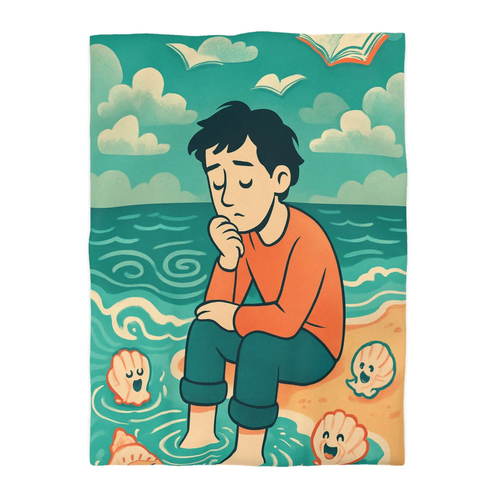 Housse de couette avec illustration rêveuse garçon pensif et coquillages joyeux sur plage
