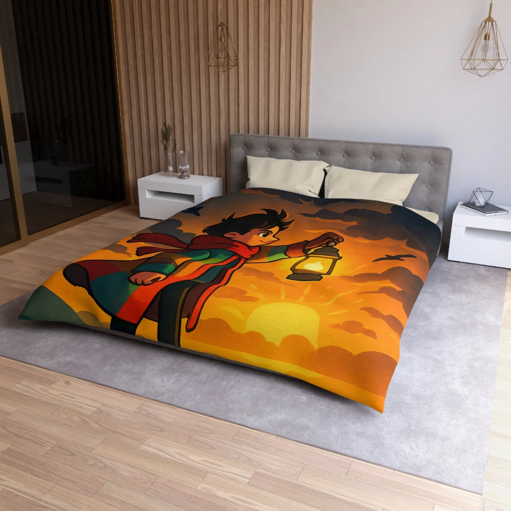 Housse de couette avec illustration enfantine colorée : garçon, lanterne, ciel dramatique