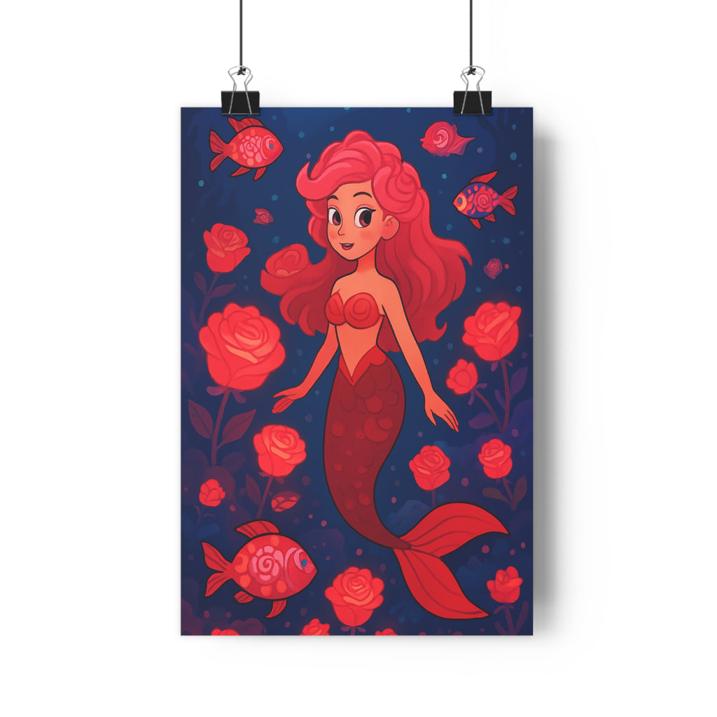 Poster décoratif sirène féerique rose bleu cartoon enfant chambre fantaisie floral vibrant océan qualité