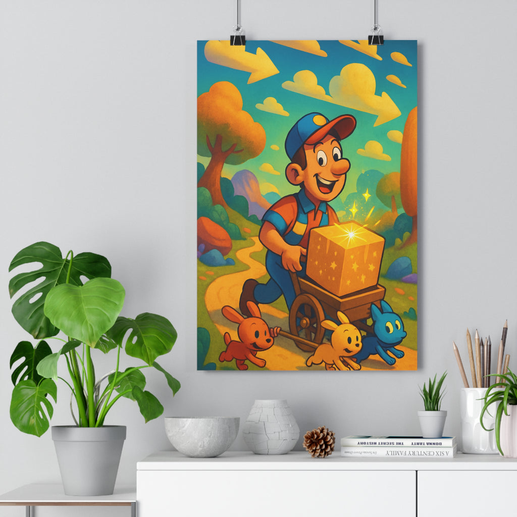 Poster décoratif aventure livreur joyeux animaux colorés ludique magique enfant chambre vibrant 30x46 cm