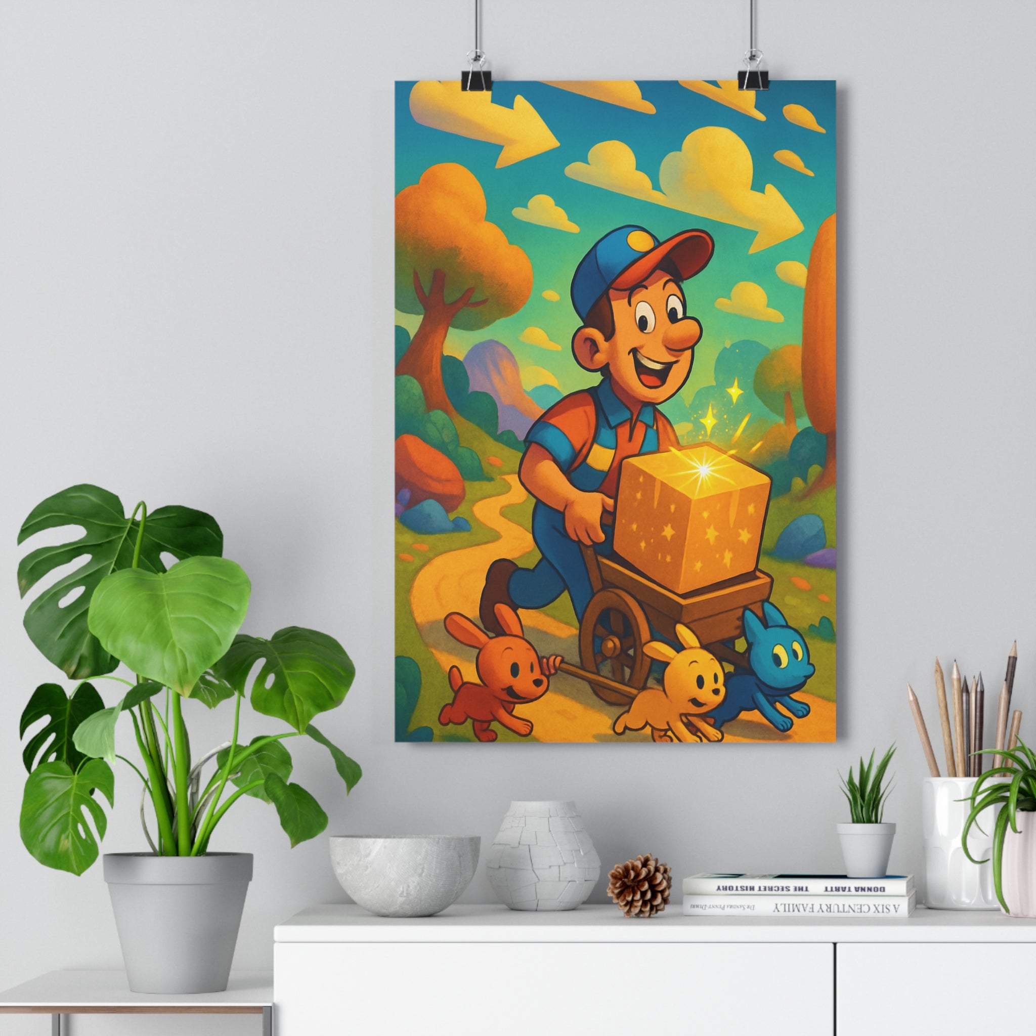 Poster décoratif aventure livreur joyeux animaux colorés ludique magique enfant chambre vibrant 30x46 cm