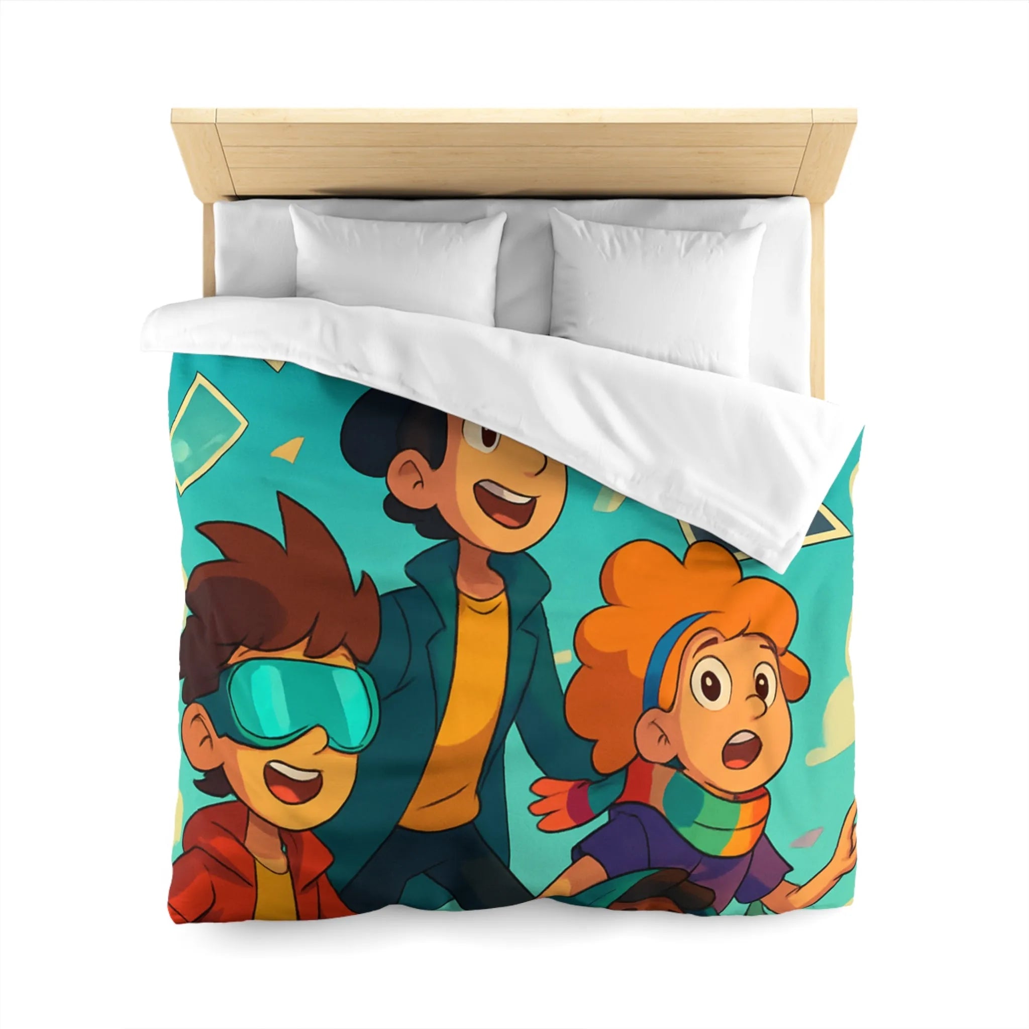 Housse de couette colorée avec enfants explorateurs et illustrations de paysages flottants