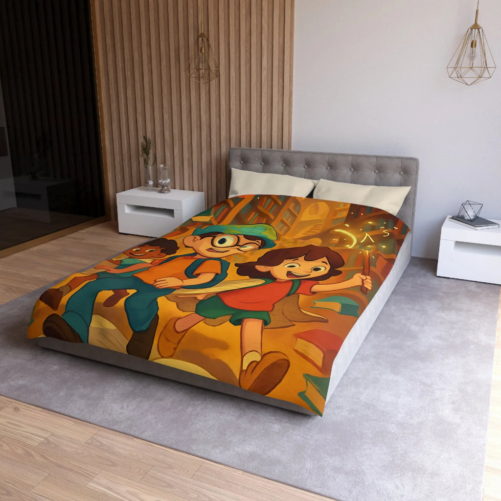 Housse de couette magique avec enfants explorant une bibliothèque enchantée et livres volants