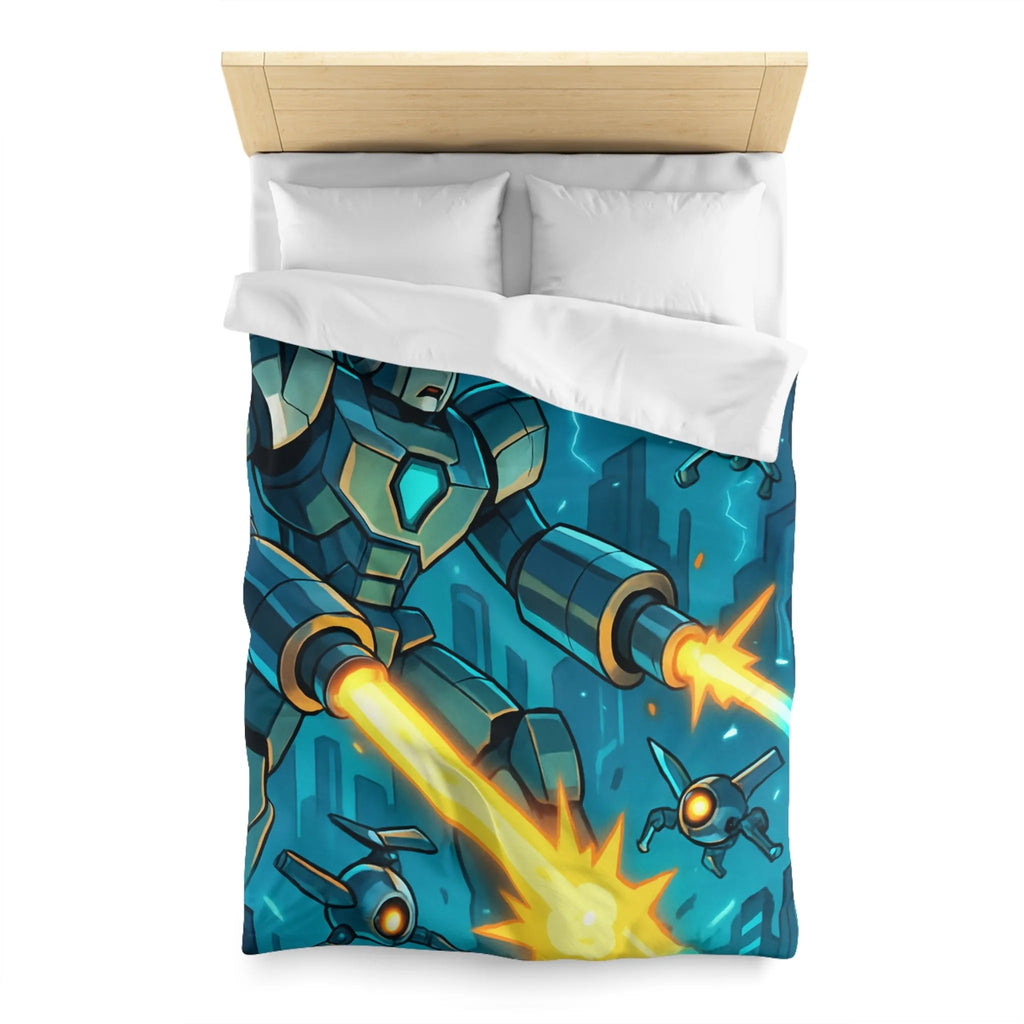 Housse de couette illustrant un robot tirant des lasers dans une ville futuriste la nuit