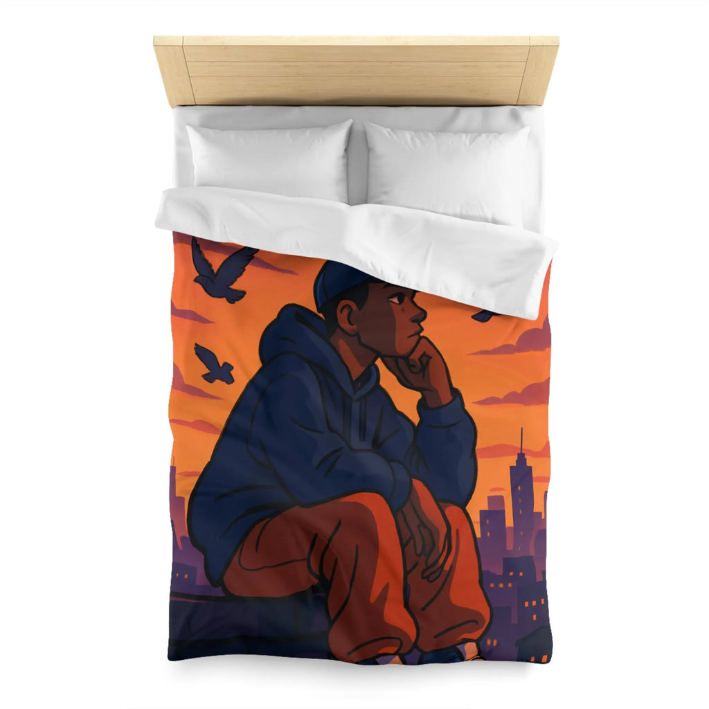 Housse de couette au design urbain moderne avec ciel crépusculaire et silhouette pensive