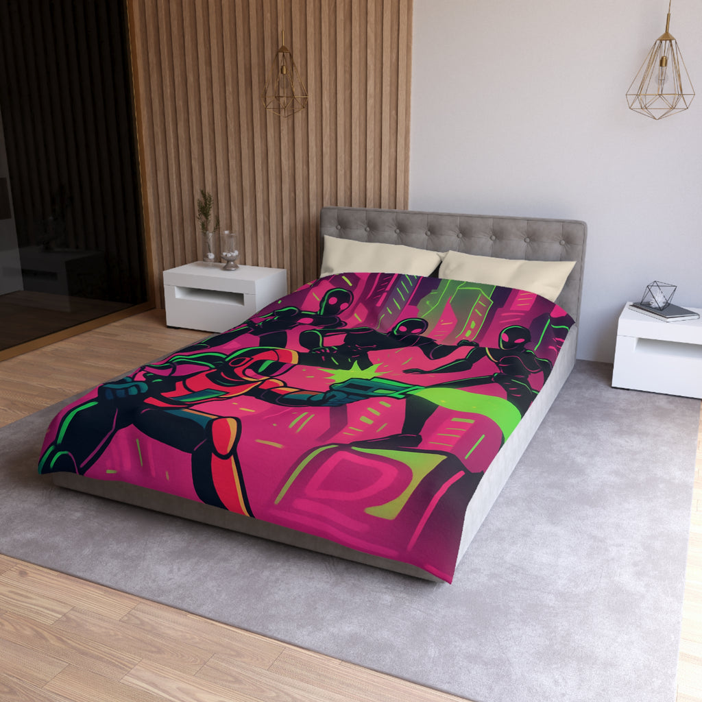 Housse de couette néon futuriste avec combat spatial, designs vifs rétro et cyberpunk