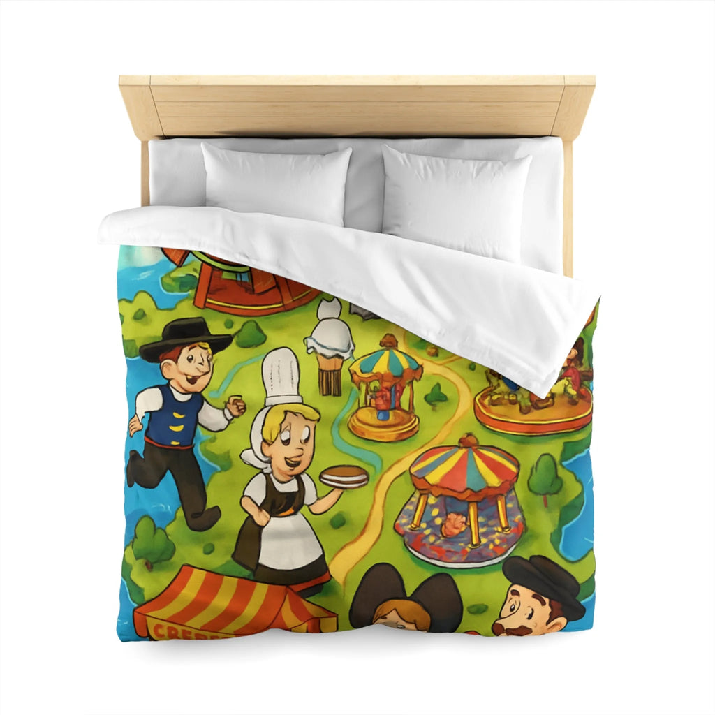 Housse de couette illustrant l'amusement et la culture française dans un parc coloré