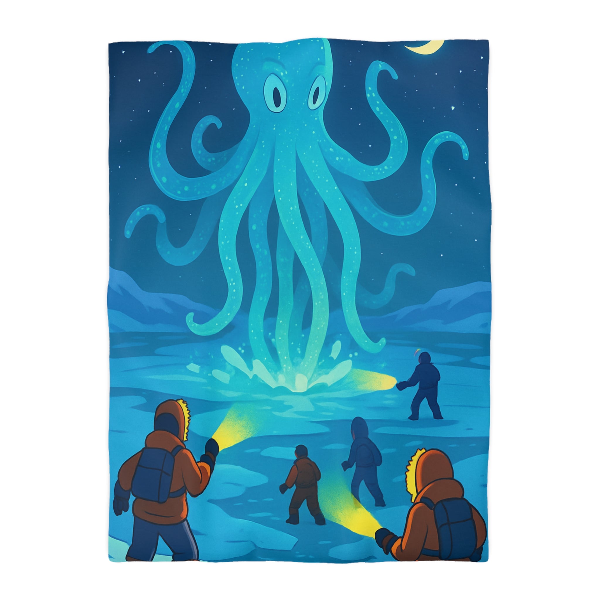 Nuit polaire avec pieuvre géante luminescente sous ciel étoilé et aventuriers en doudoune